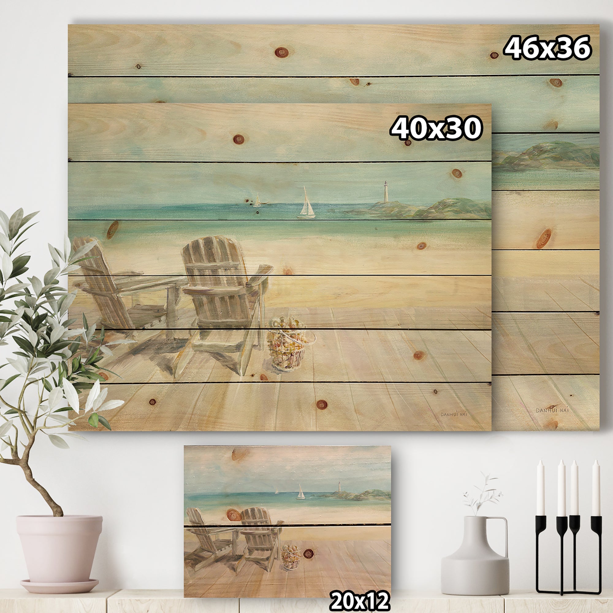 Seaside Morning no Window - Coastal Print on Natural Pine Wood - 20x15