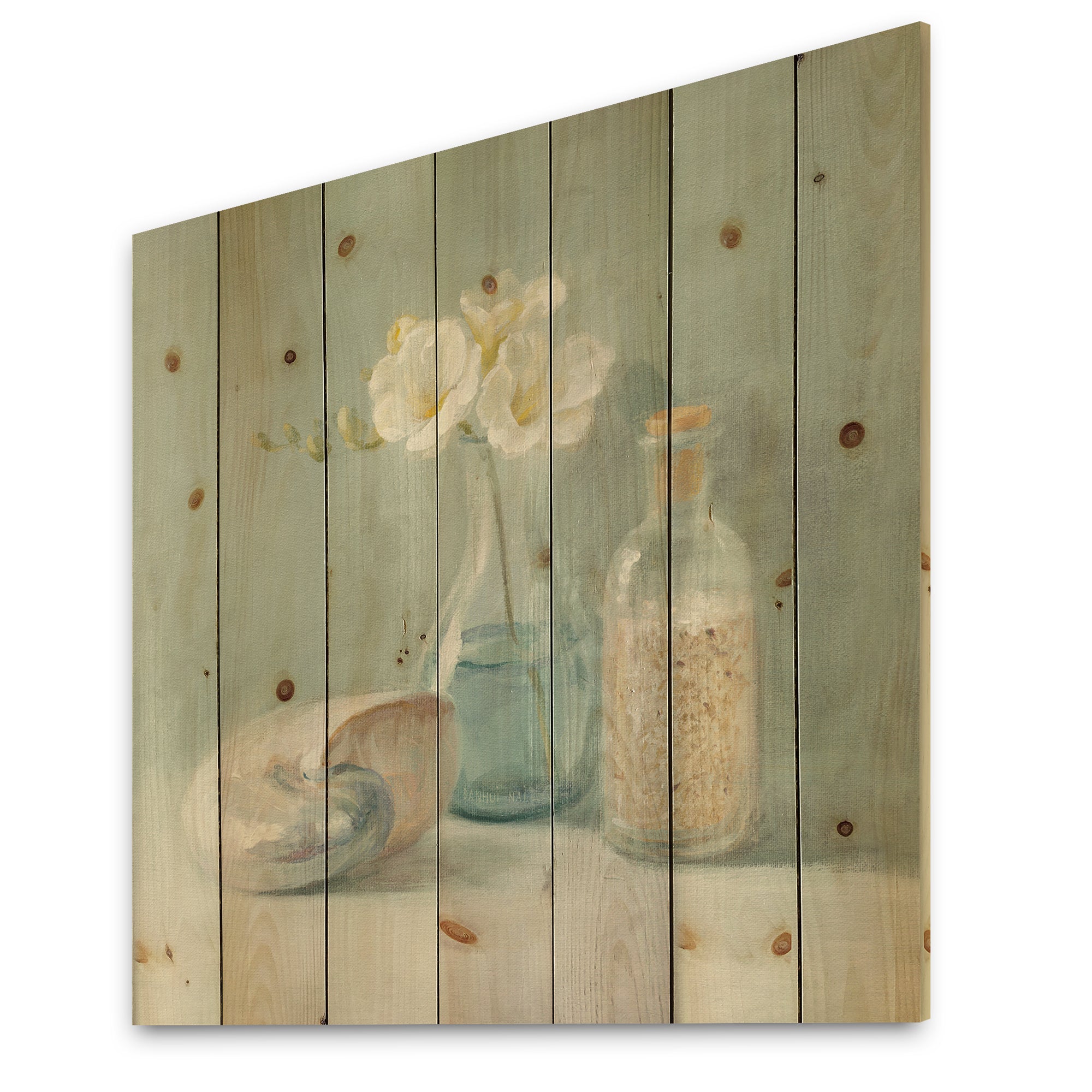 Pastel Bath II - Nautical & Beach Print on Natural Pine Wood - 16x16
