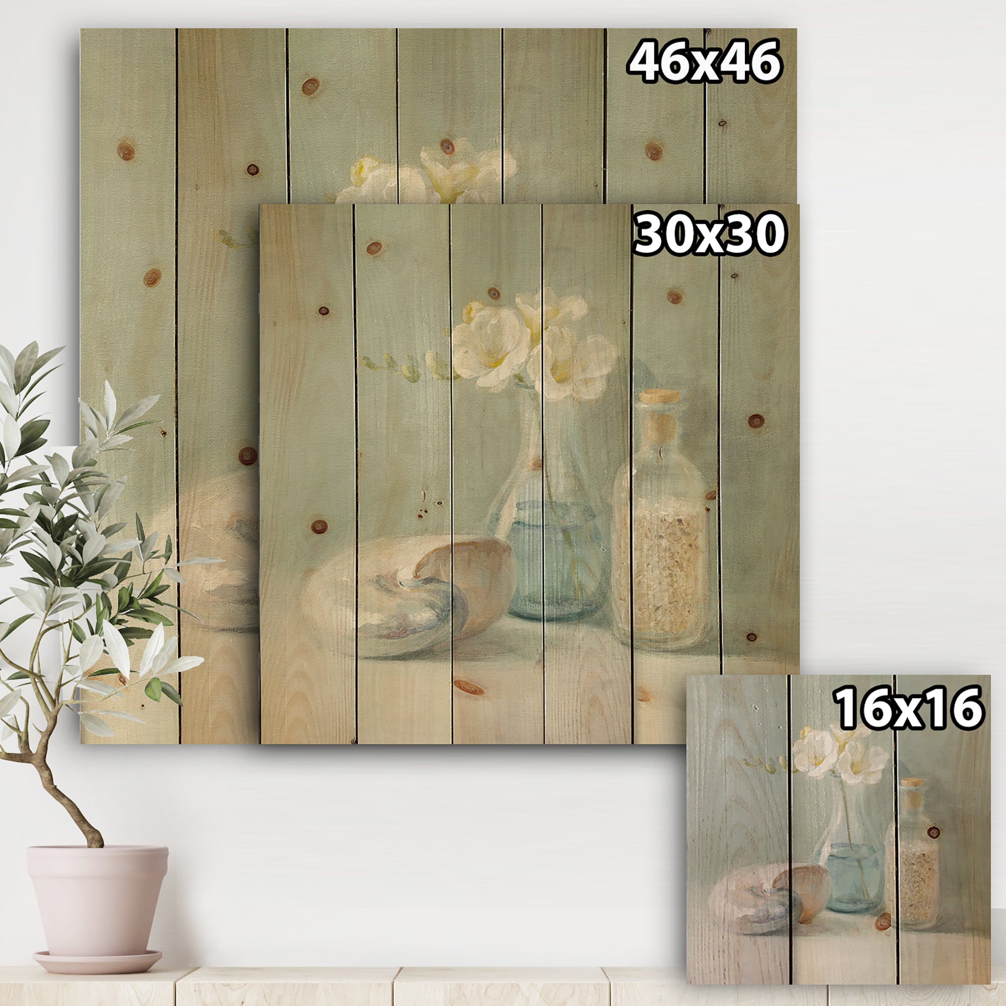 Pastel Bath II - Nautical & Beach Print on Natural Pine Wood - 16x16