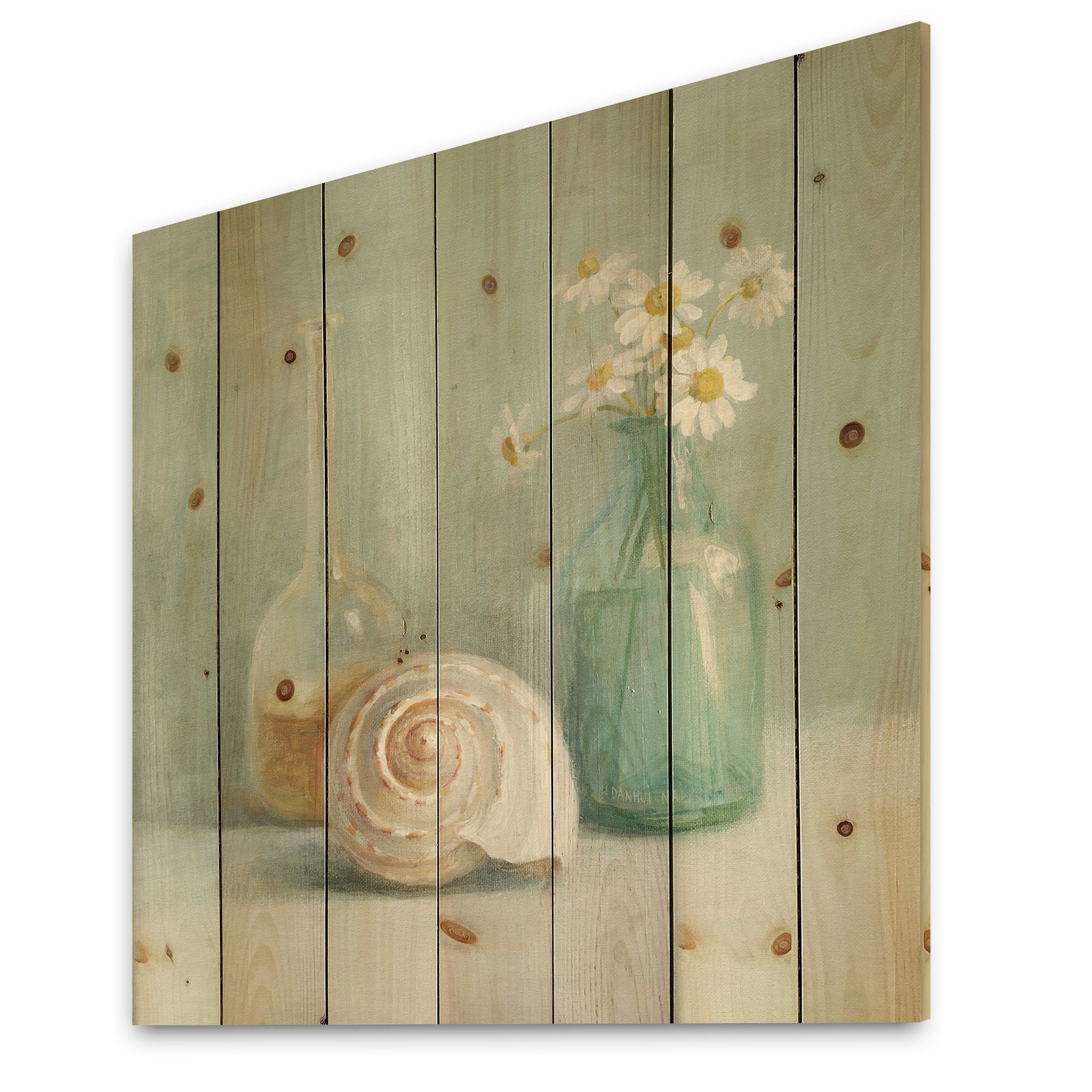 Pastel Bath III - Nautical & Beach Print on Natural Pine Wood - 16x16