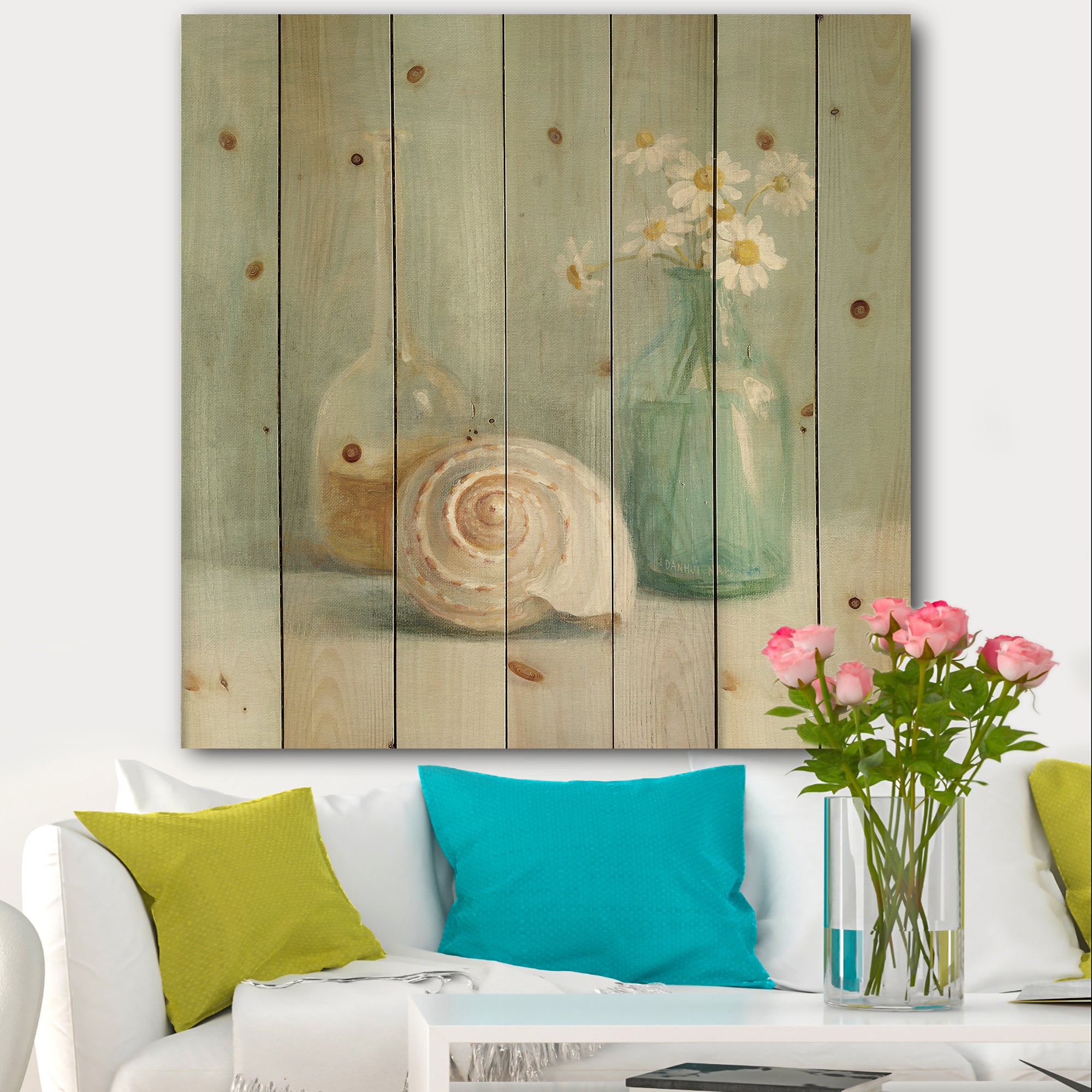 Pastel Bath III - Nautical & Beach Print on Natural Pine Wood - 16x16