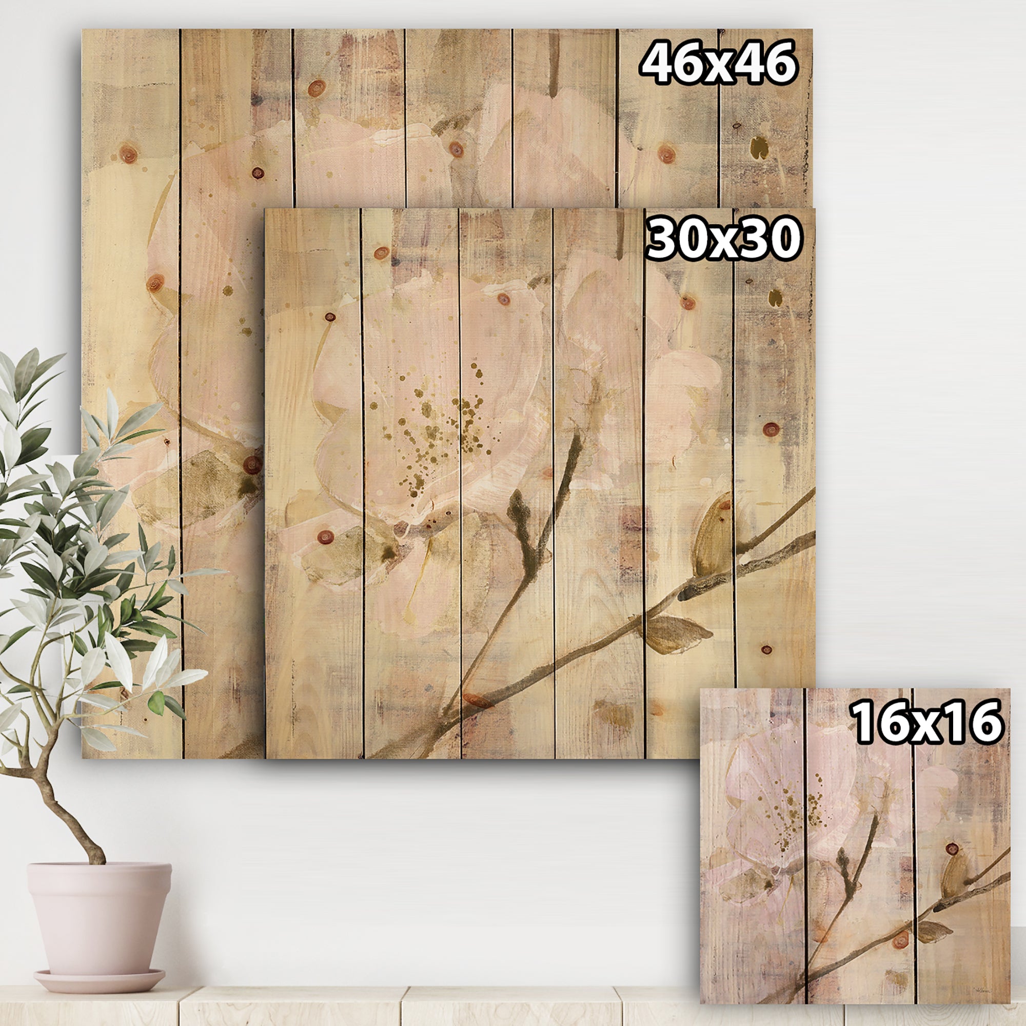 Elegance I Pink - Shabby Chic Print on Natural Pine Wood - 16x16