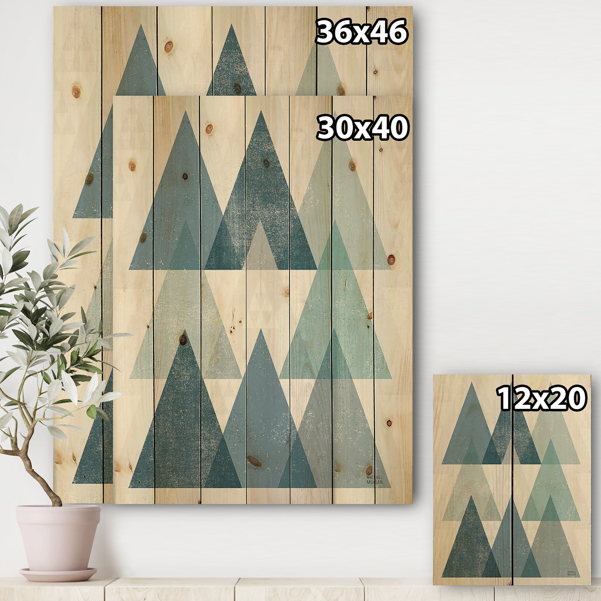 minimal Triangles IV Blue - Mid-Century Modern Print on Natural Pine Wood - 15x20