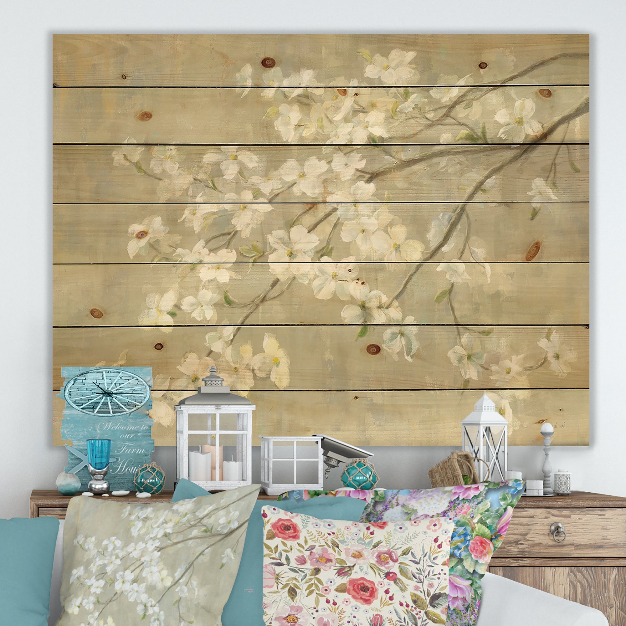 Dogwood in Spring Neutral - Farmhouse Print on Natural Pine Wood - 20x15