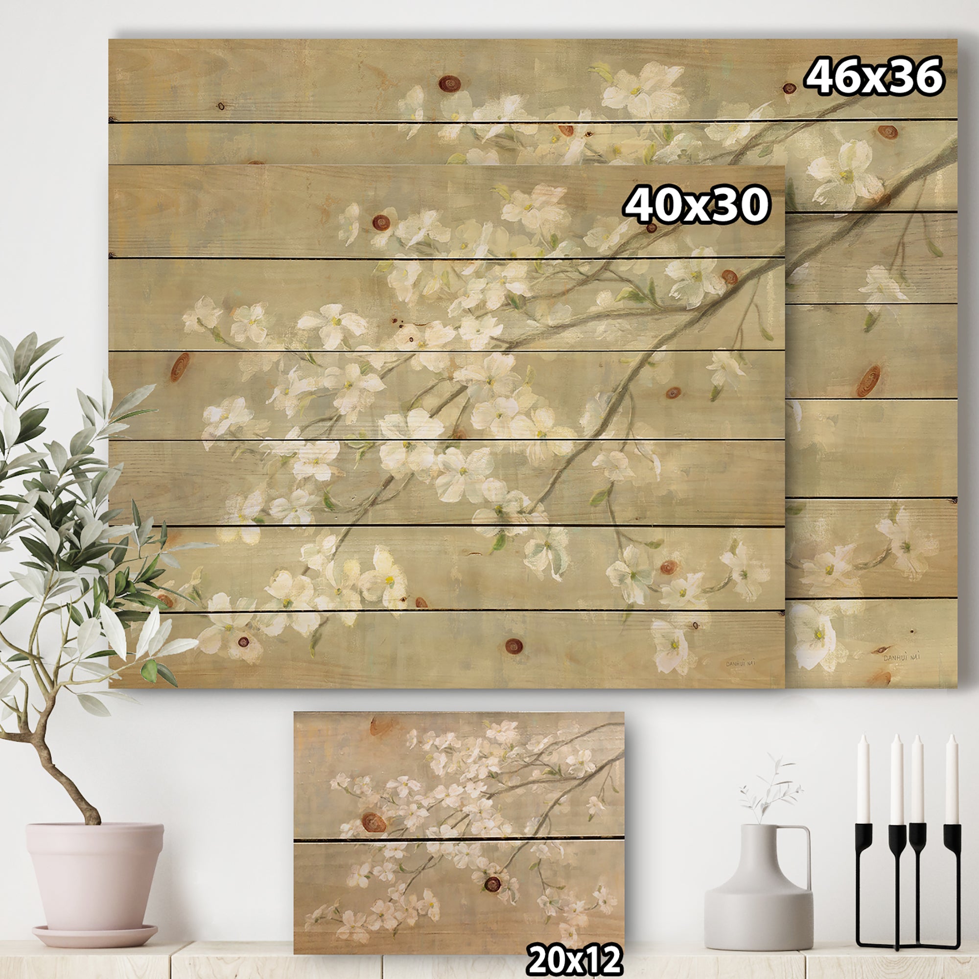 Dogwood in Spring Neutral - Farmhouse Print on Natural Pine Wood - 20x15
