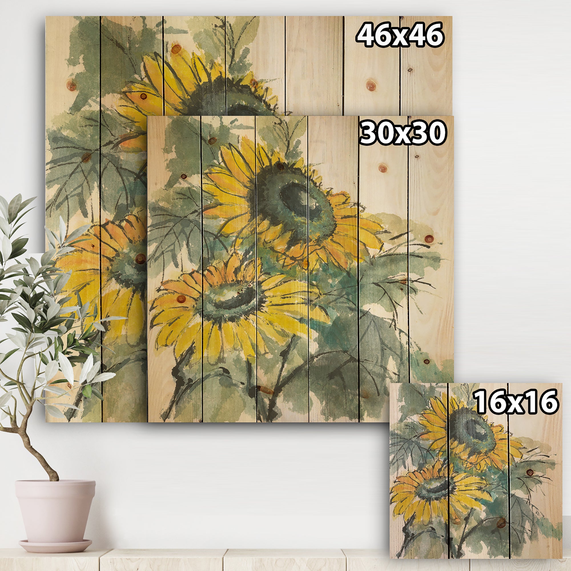 Tradionnal Sunflower I - Cabin & Lodge Print on Natural Pine Wood - 16x16