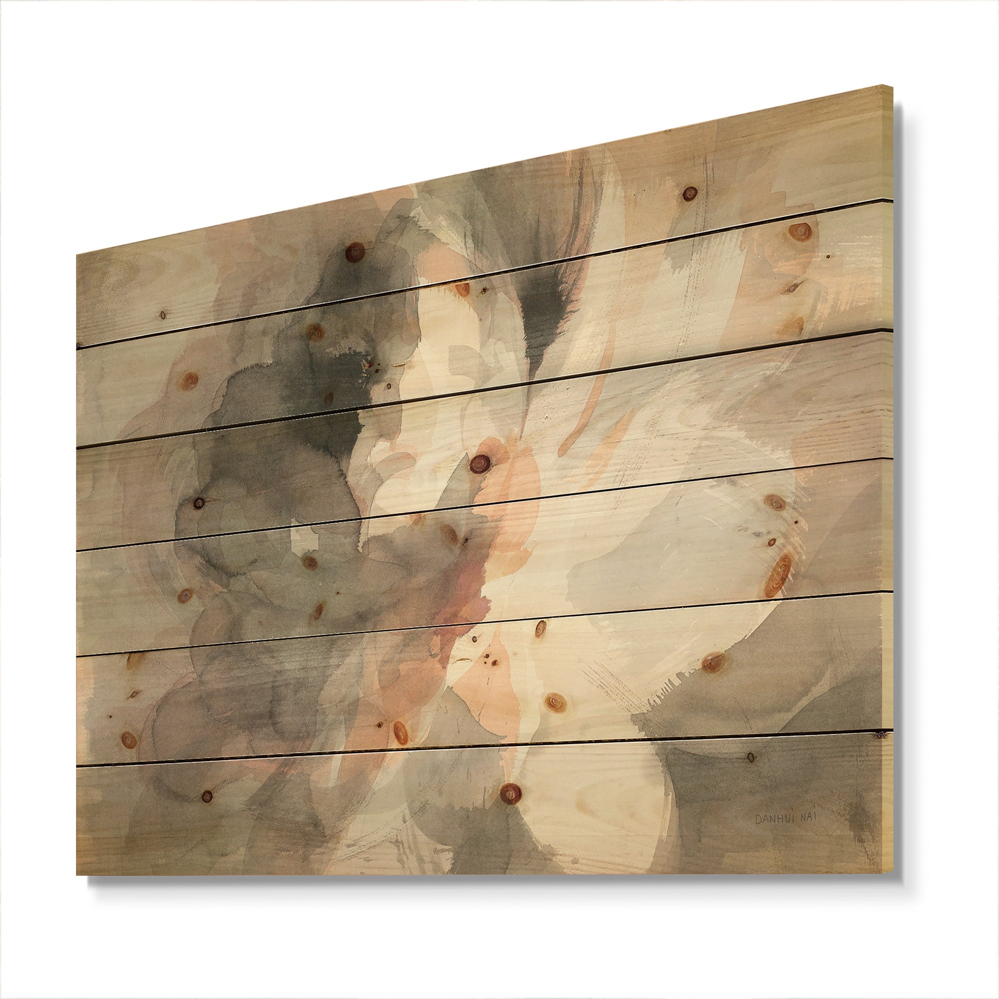 Abstract Peony Grey - Pink Modern Print on Natural Pine Wood