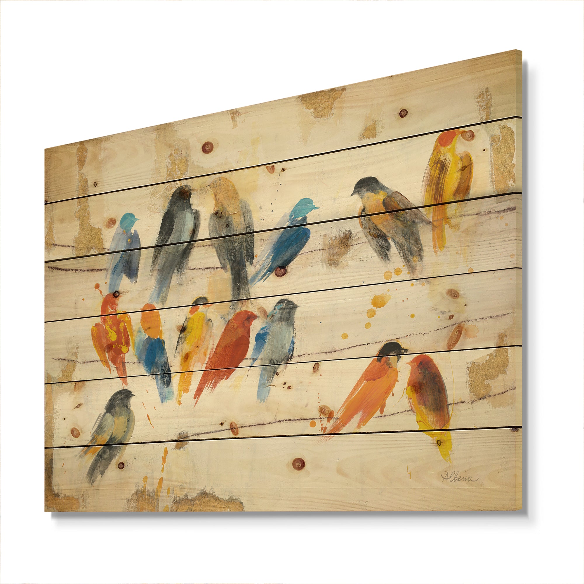 Multicolor Bird Meeting - Traditional Animal Print on Natural Pine Wood - 20x15