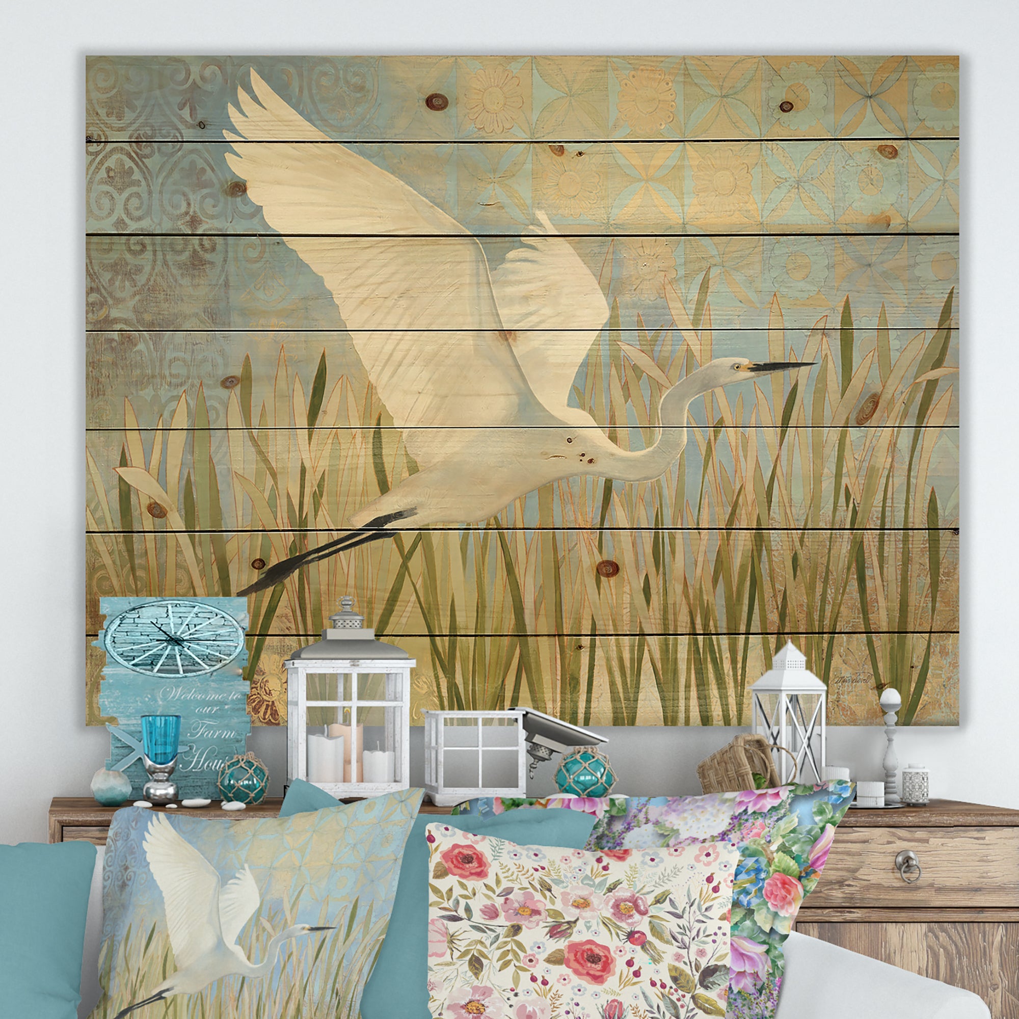 Snowy Egret in Flight vII - Farmhouse Print on Natural Pine Wood - 20x15