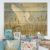 Snowy Egret in Flight vII - Farmhouse Print on Natural Pine Wood - 20x15