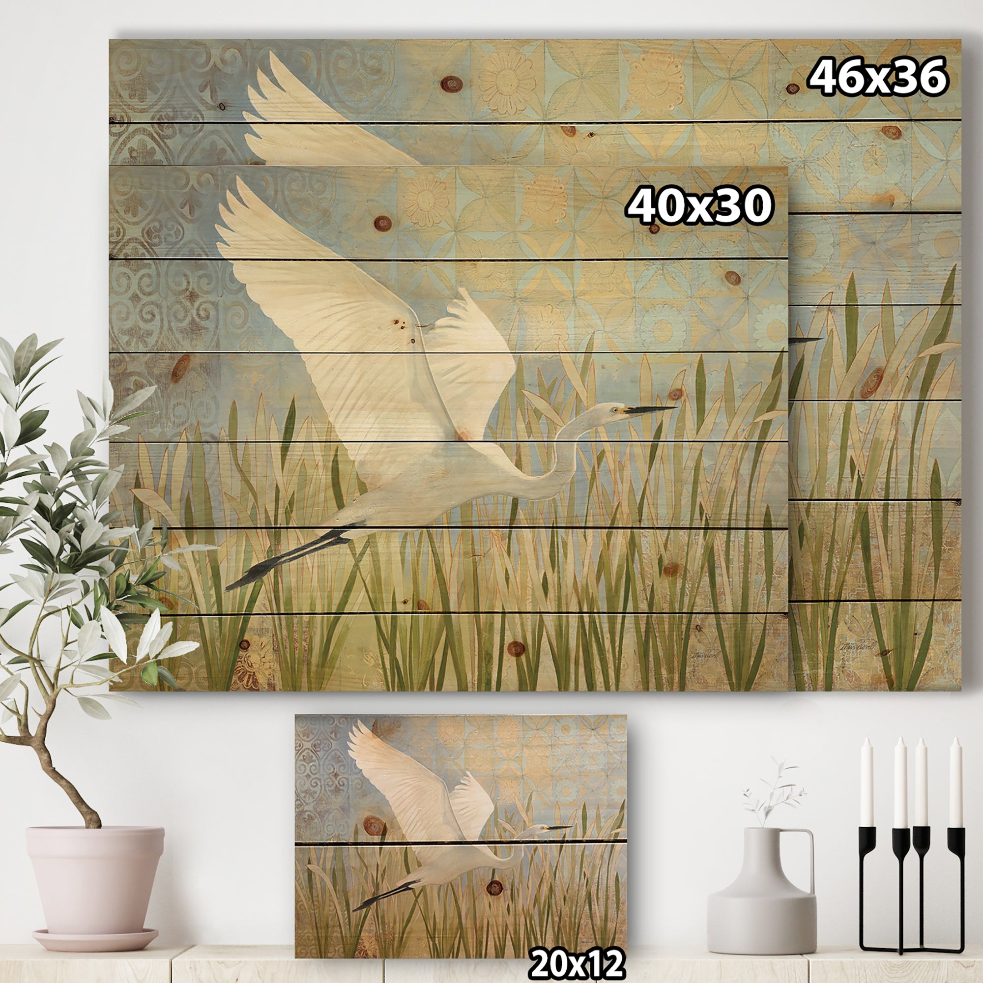 Snowy Egret in Flight vII - Farmhouse Print on Natural Pine Wood - 20x15