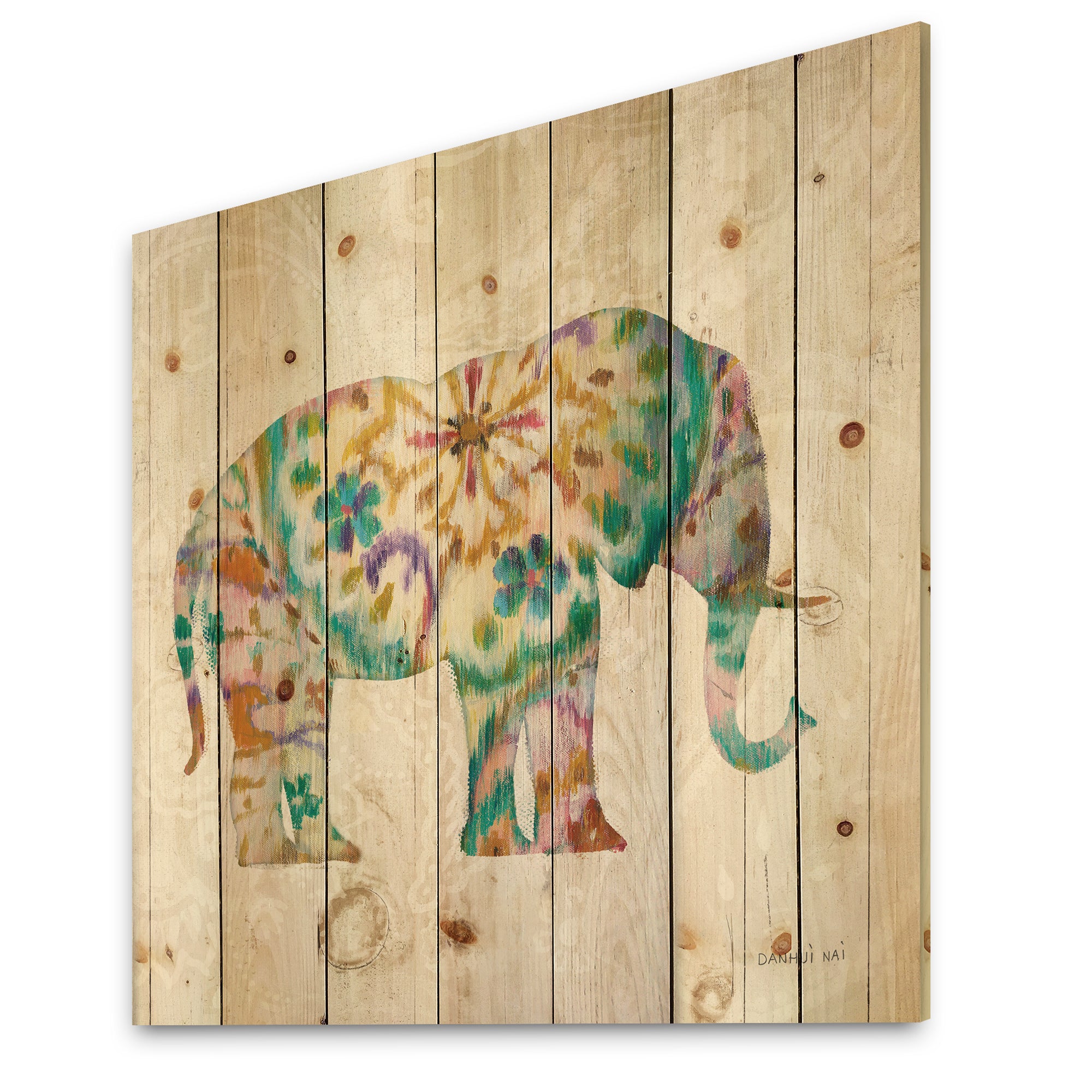 Boho Paisley Elephant I - Bohemian & Eclectic Print on Natural Pine Wood - 16x16