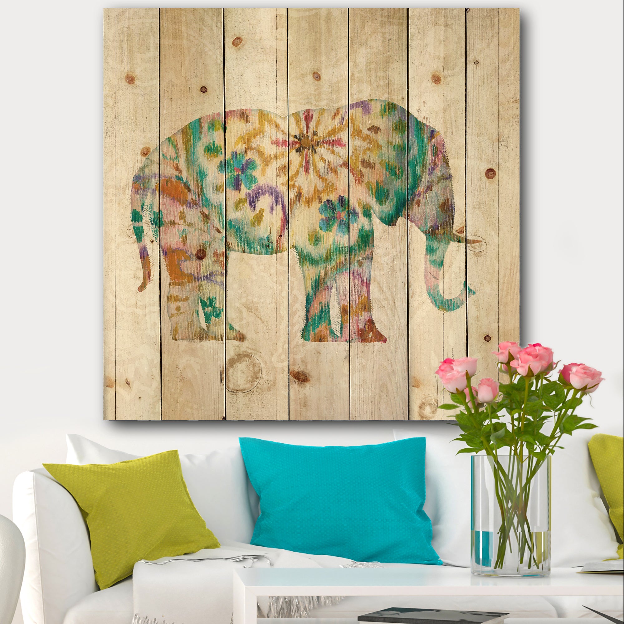 Boho Paisley Elephant I - Bohemian & Eclectic Print on Natural Pine Wood - 16x16