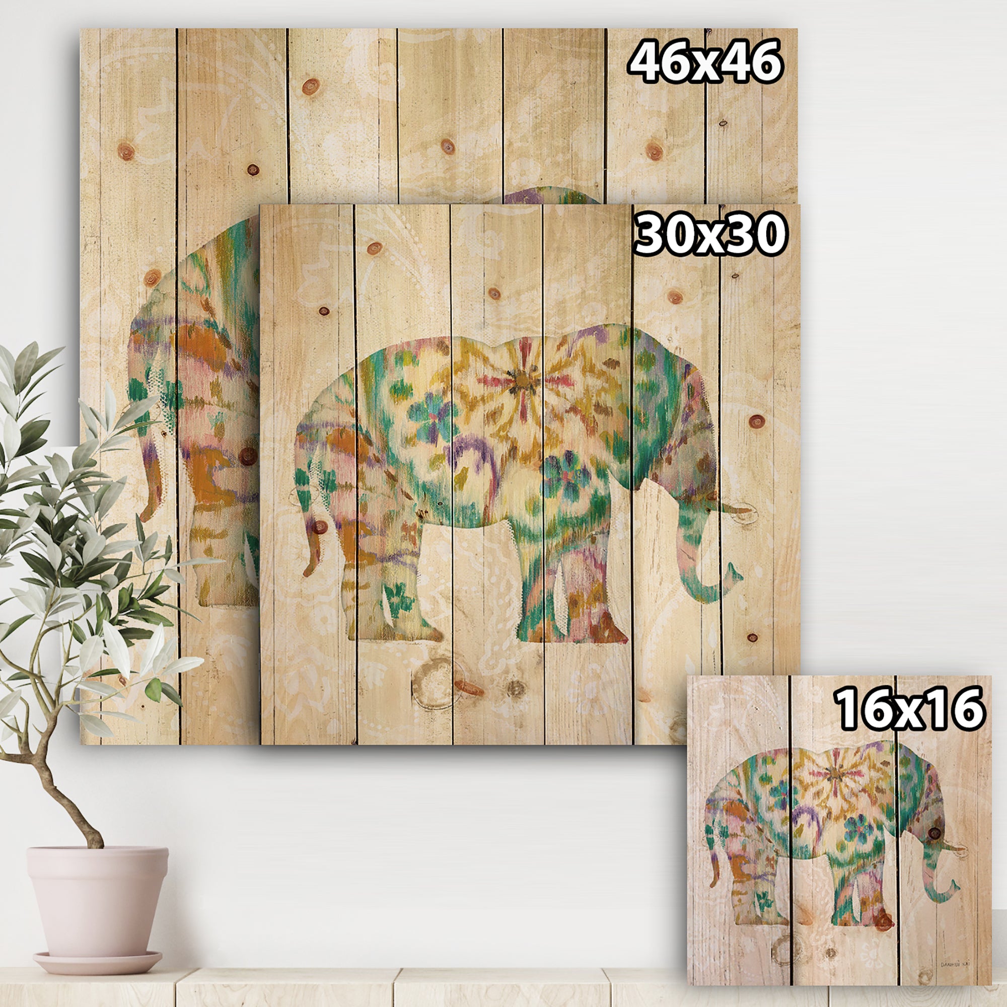 Boho Paisley Elephant I - Bohemian & Eclectic Print on Natural Pine Wood - 16x16
