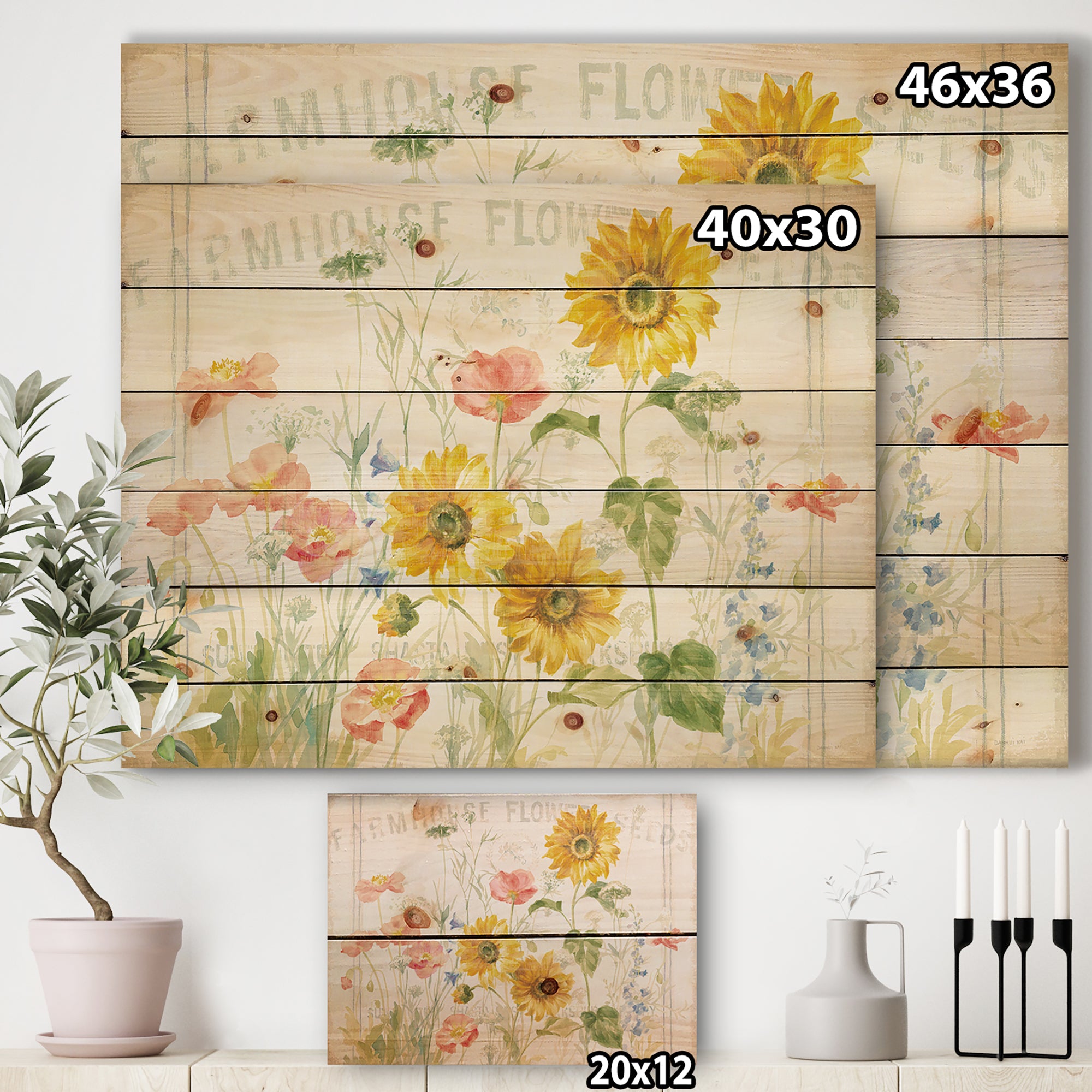 Floursack Florals I - Floral & Botanical Print on Natural Pine Wood - 20x15