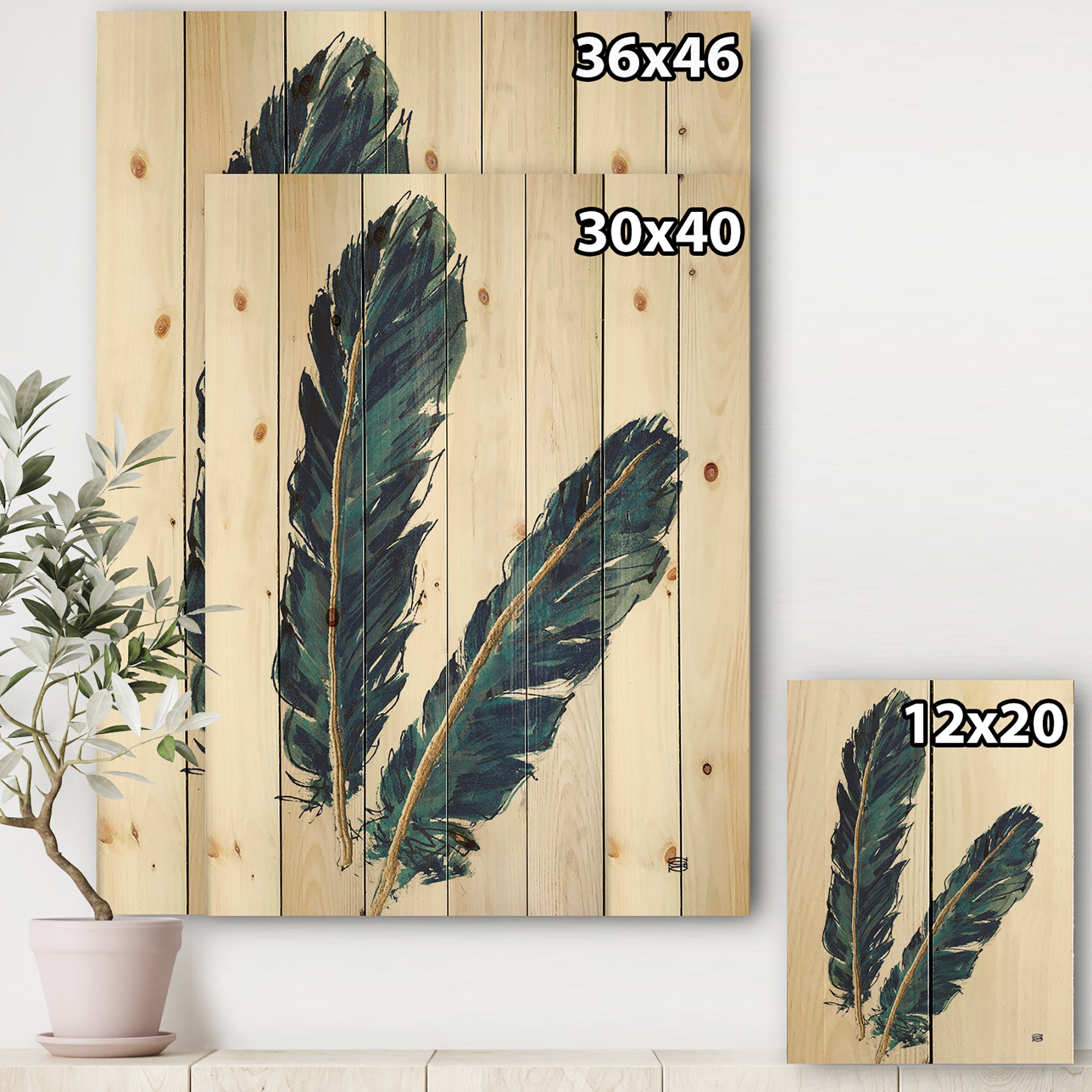 Gold Indigo Feathers IV - Modern Bohemian Print on Natural Pine Wood - 15x20