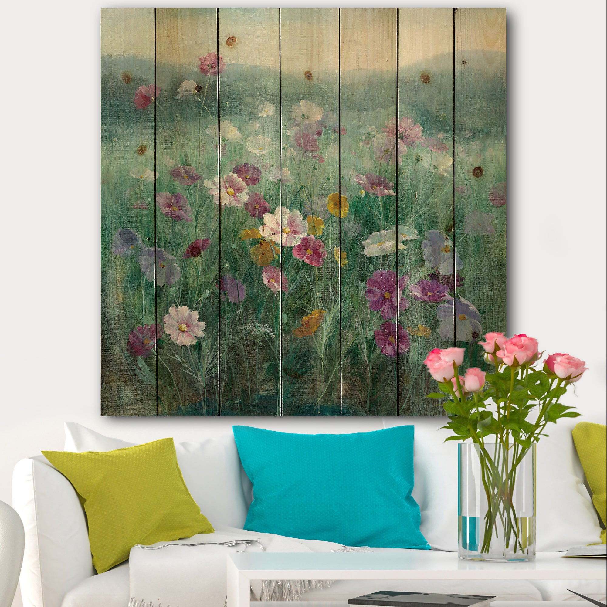 Flower field - Floral Farmhouse Print on Natural Pine Wood - 16x16