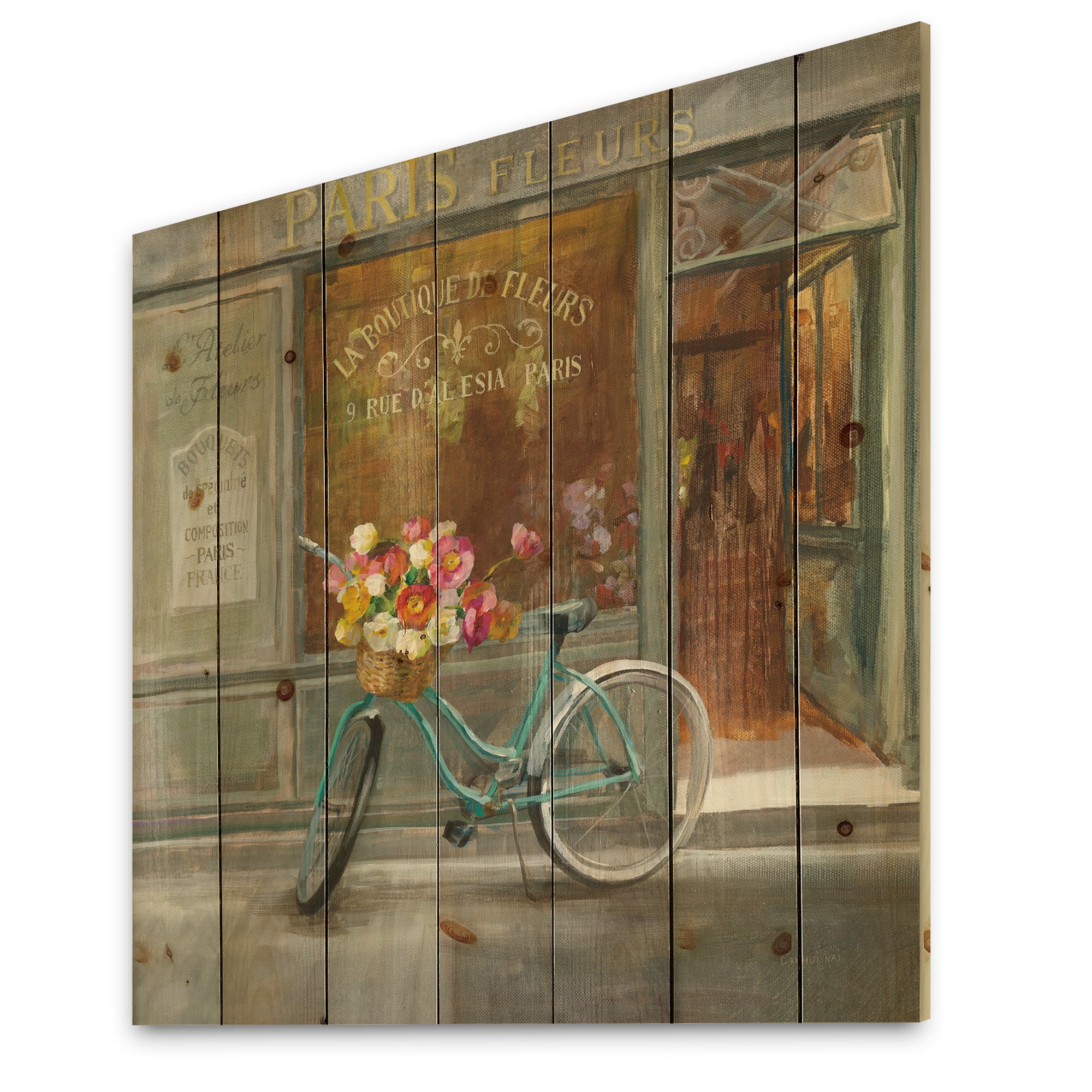Paris French Flowershop  - Traditional Print on Natural Pine Wood - 16x16