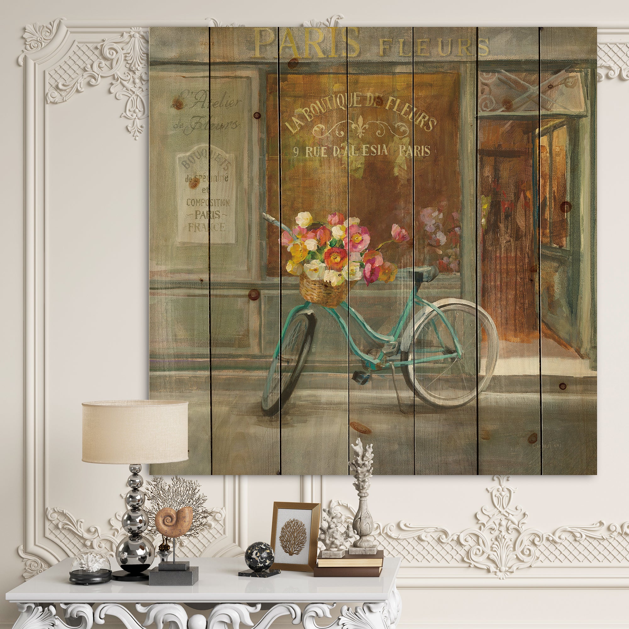 Paris French Flowershop  - Traditional Print on Natural Pine Wood - 16x16