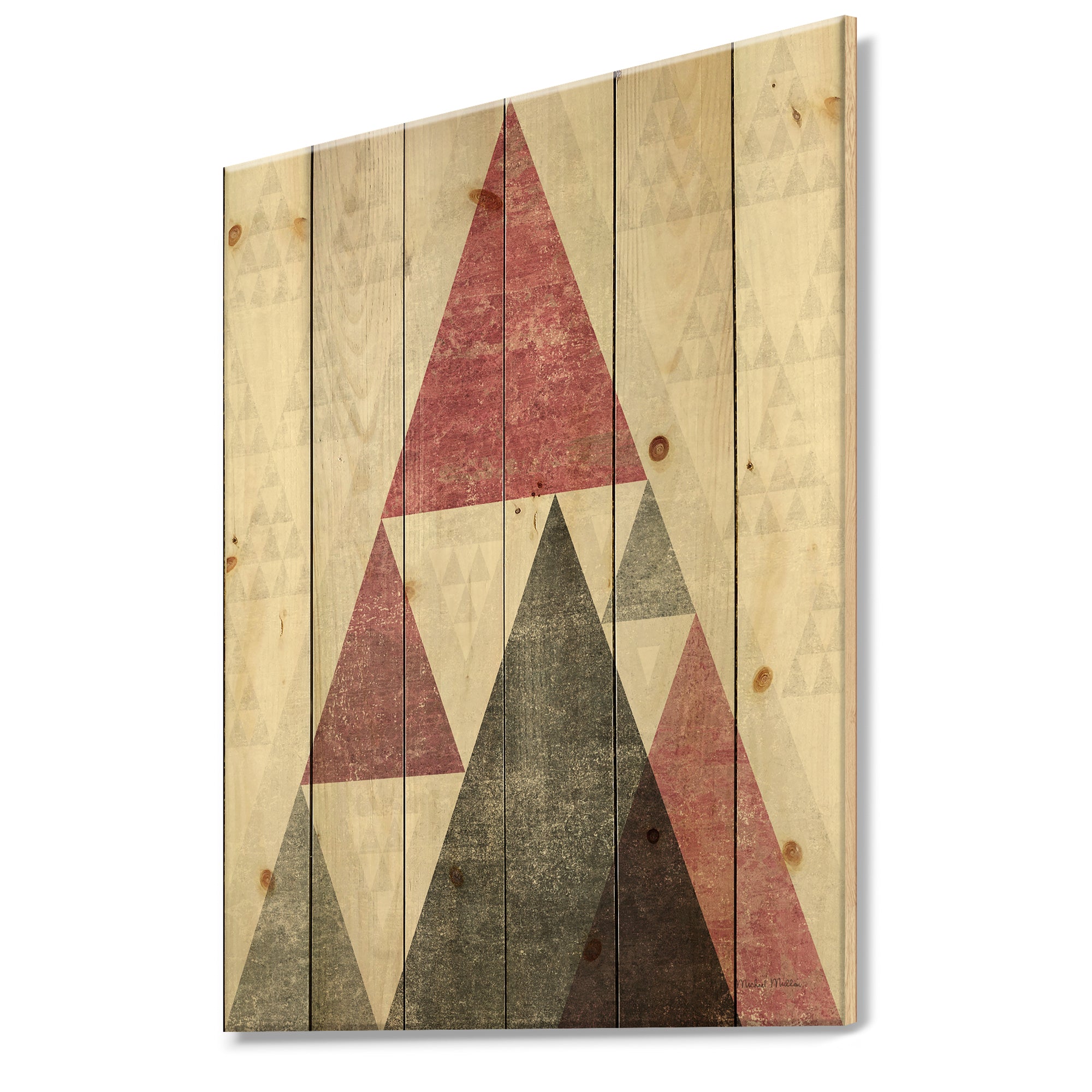 Pink Geometric Mod Triangles II - Mid-Century Transitional Modern Print on Natural Pine Wood - 15x20