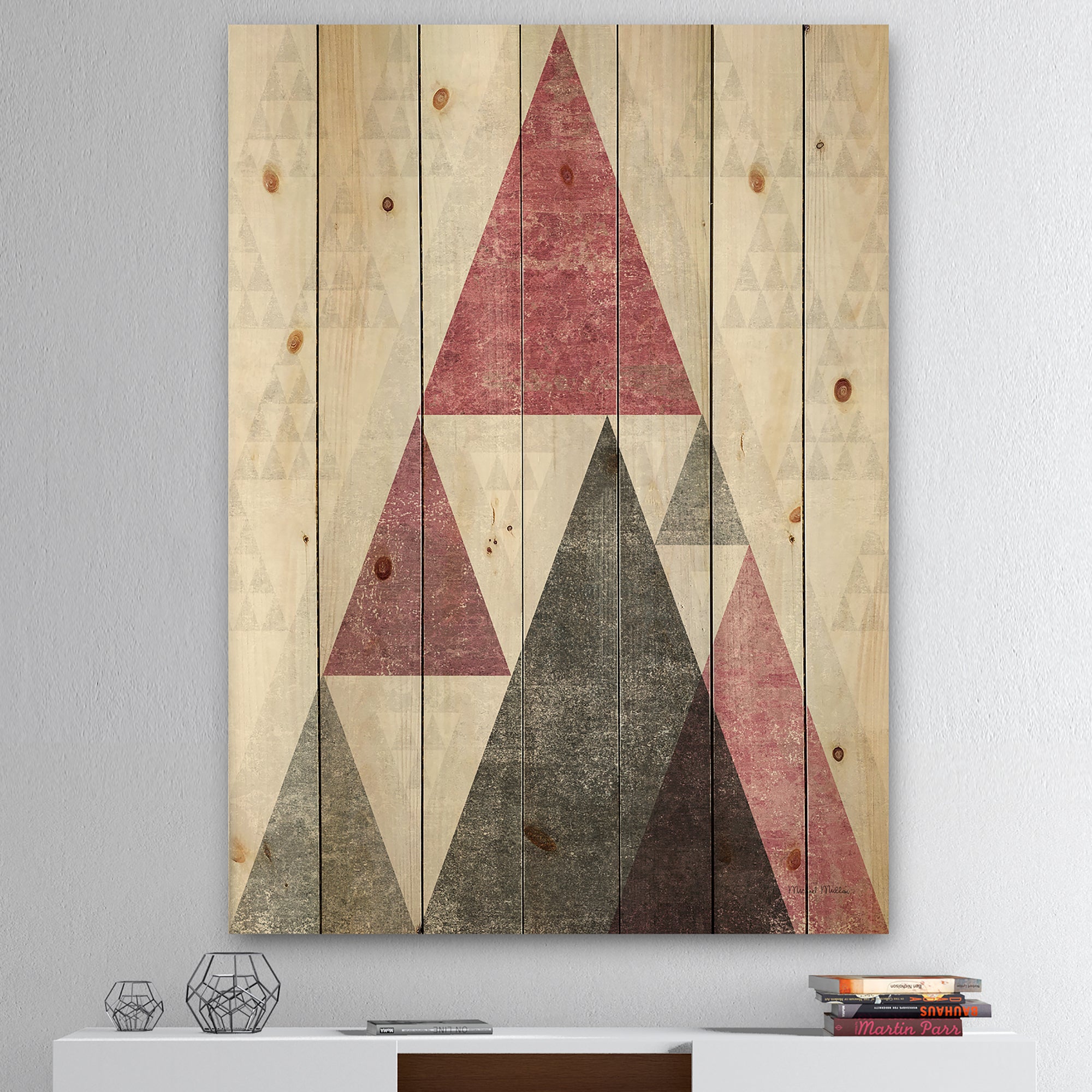 Pink Geometric Mod Triangles II - Mid-Century Transitional Modern Print on Natural Pine Wood - 15x20