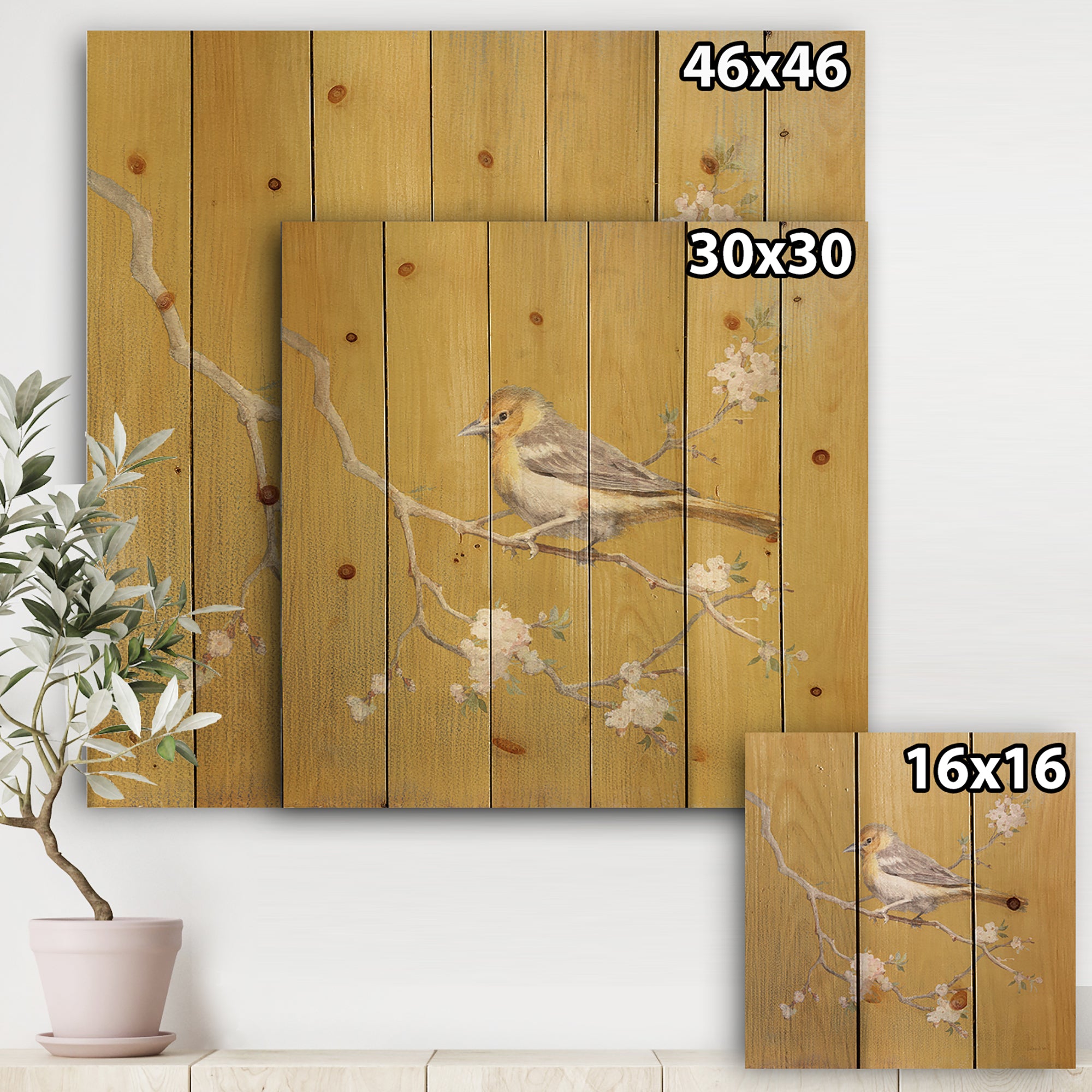 Gold Bird on Blossoms I - Farmhouse Print on Natural Pine Wood - 16x16