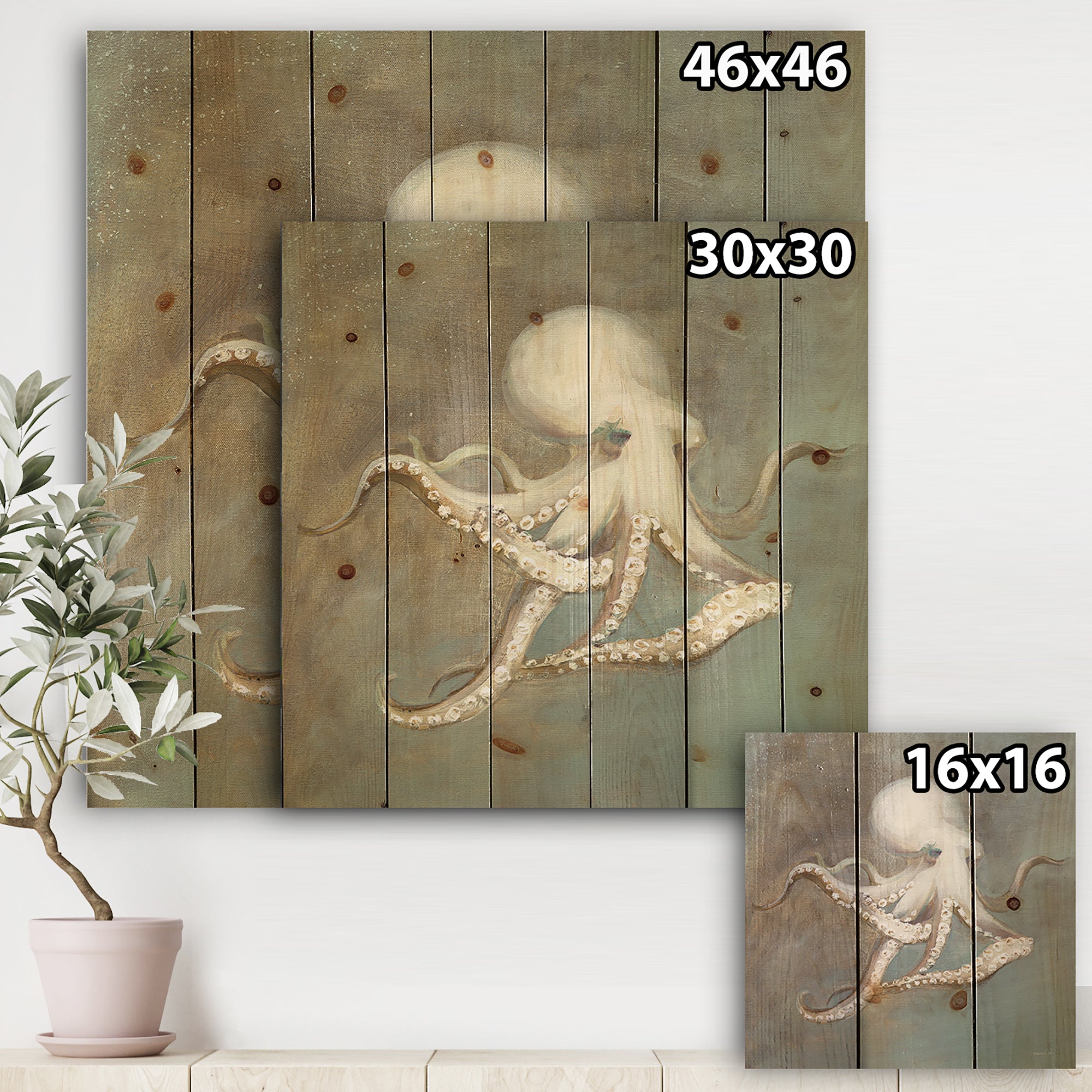 Octopus Treasures from the Sea - Nautical & Coastal Print on Natural Pine Wood - 16x16