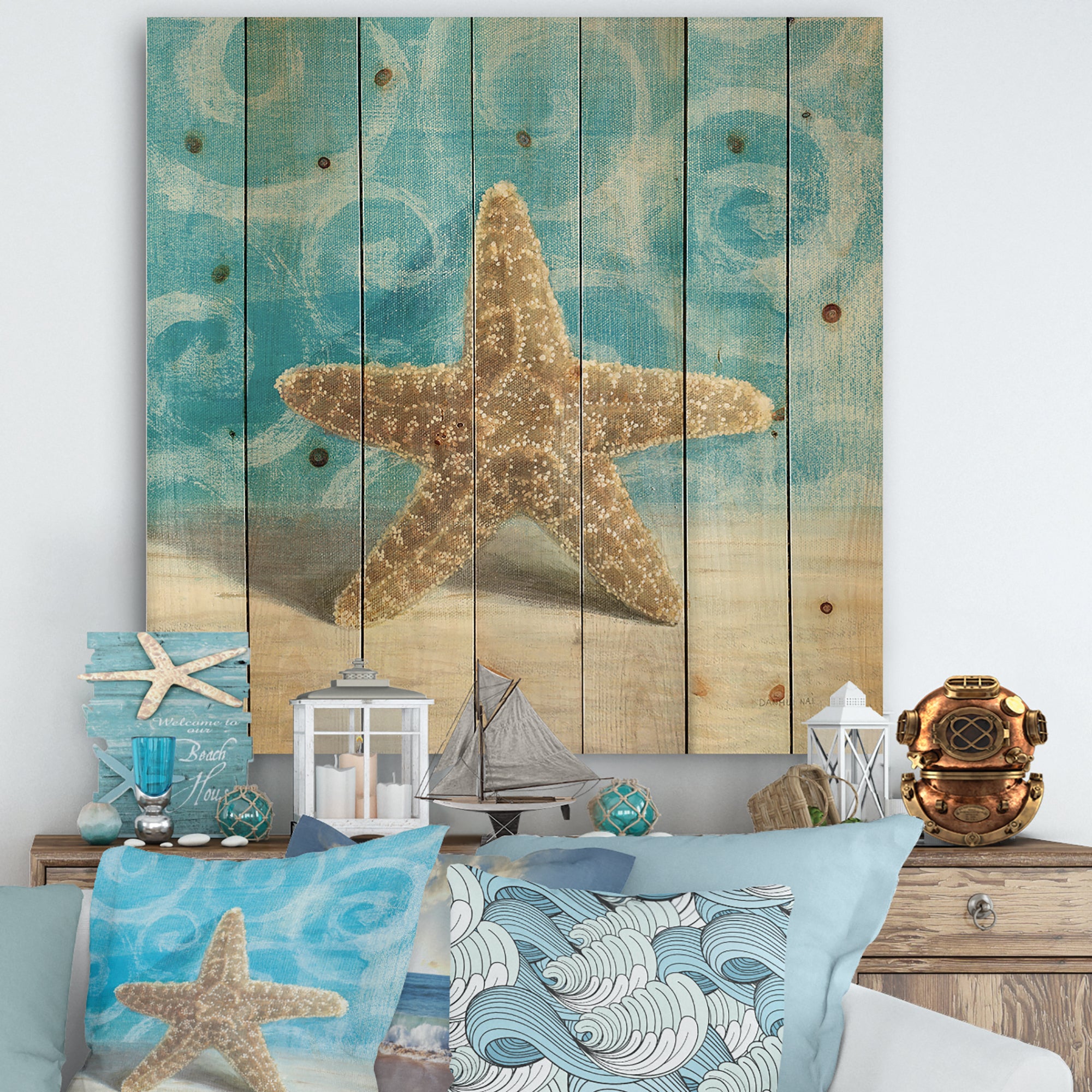 Composition from the Sea II - Nautical & Coastal Print on Natural Pine Wood - 16x16