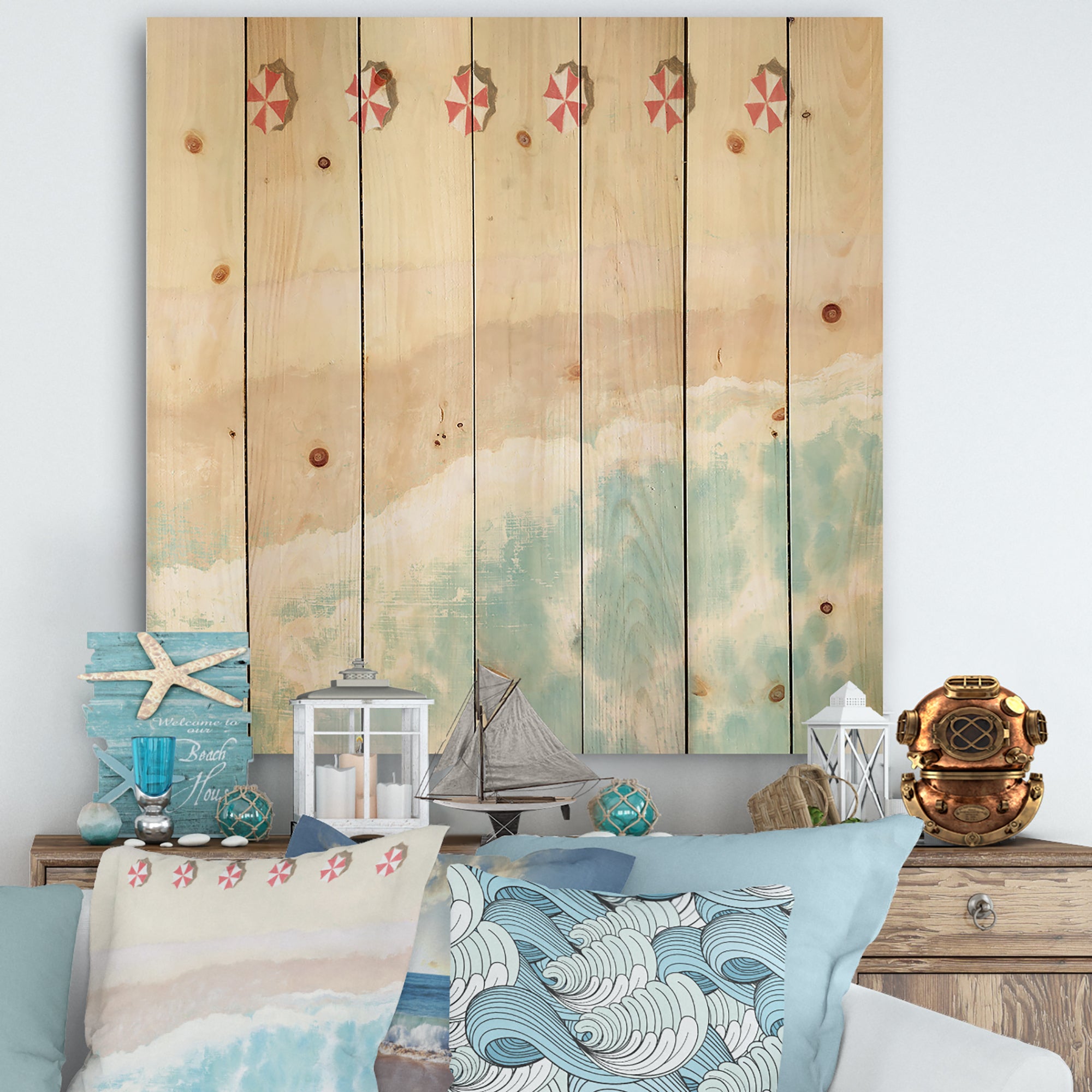 Sky Seaview I - Nautical & Coastal Print on Natural Pine Wood - 16x16