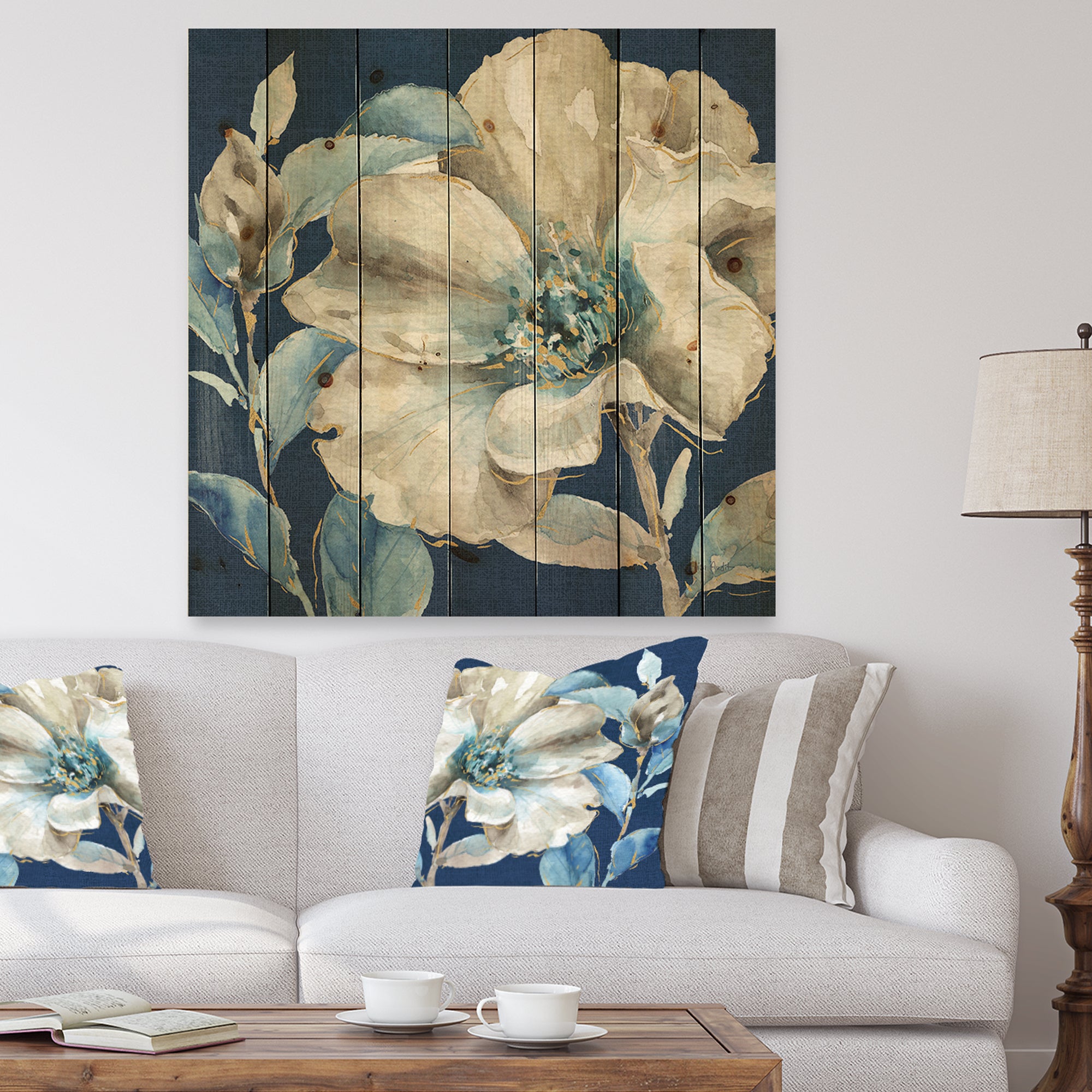 Indigold Watercolor Flower I - Farmhouse Print on Natural Pine Wood - 16x16