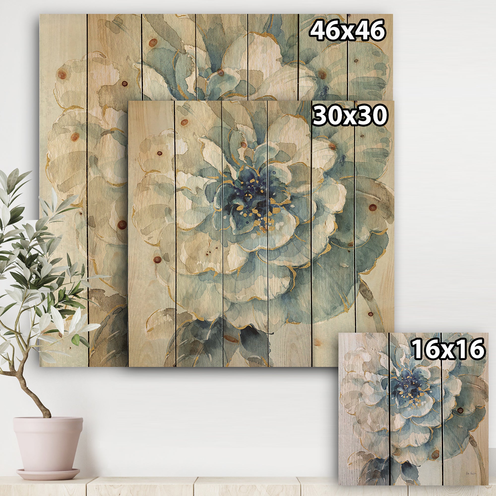 Indigold Watercolor Flower II - Farmhouse Print on Natural Pine Wood - 16x16