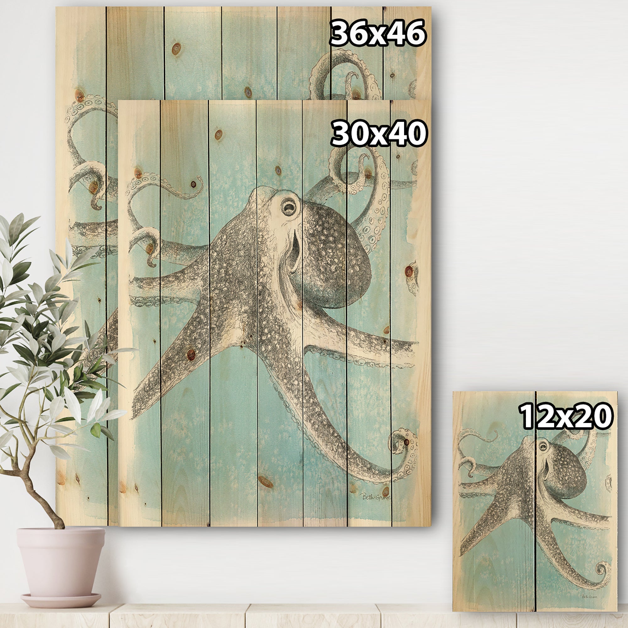 Coastal Sea Life II octopus sketches - Nautical & Coastal Print on Natural Pine Wood - 15x20
