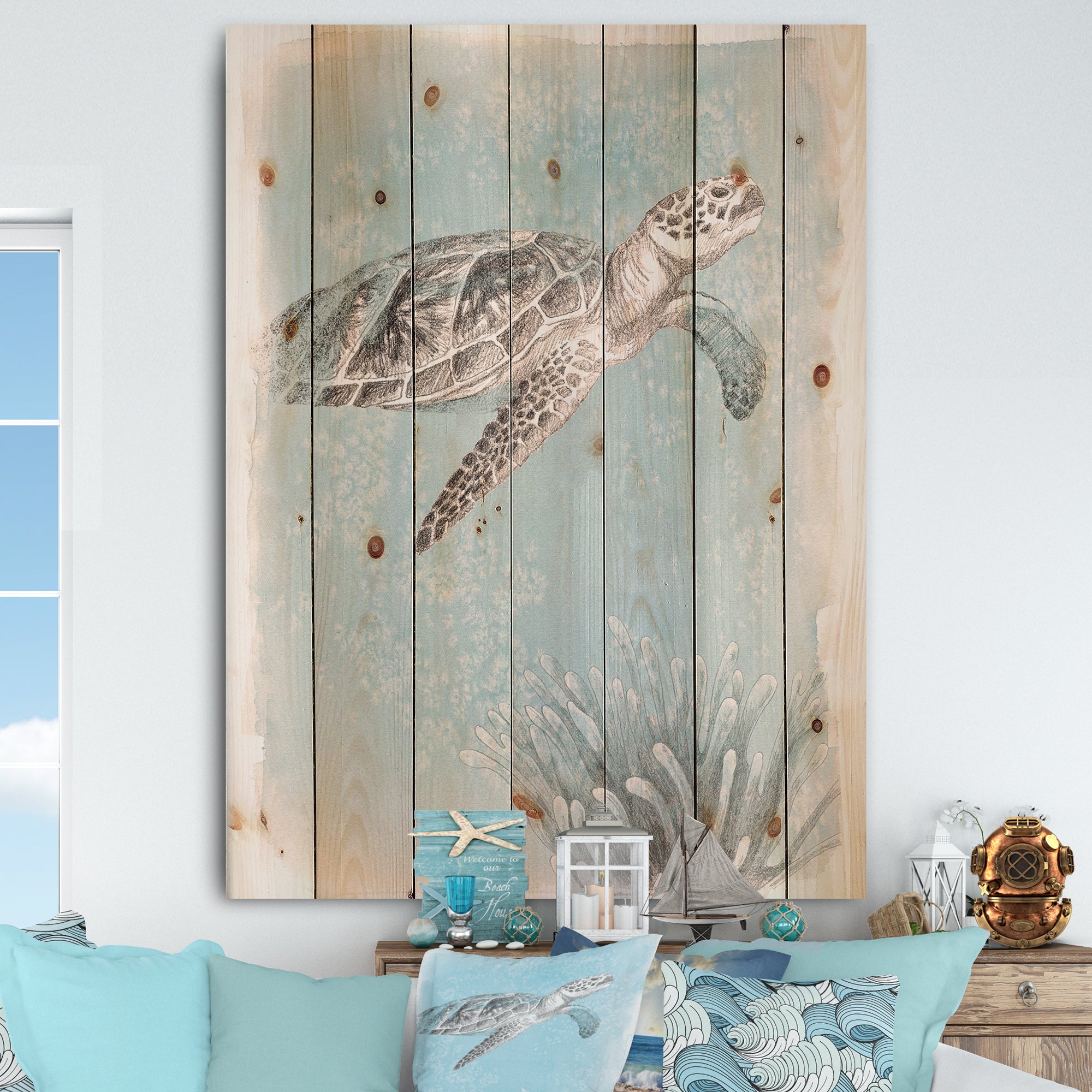 Coastal Sea Life I Turtle sketches - Nautical & Coastal Print on Natural Pine Wood - 15x20