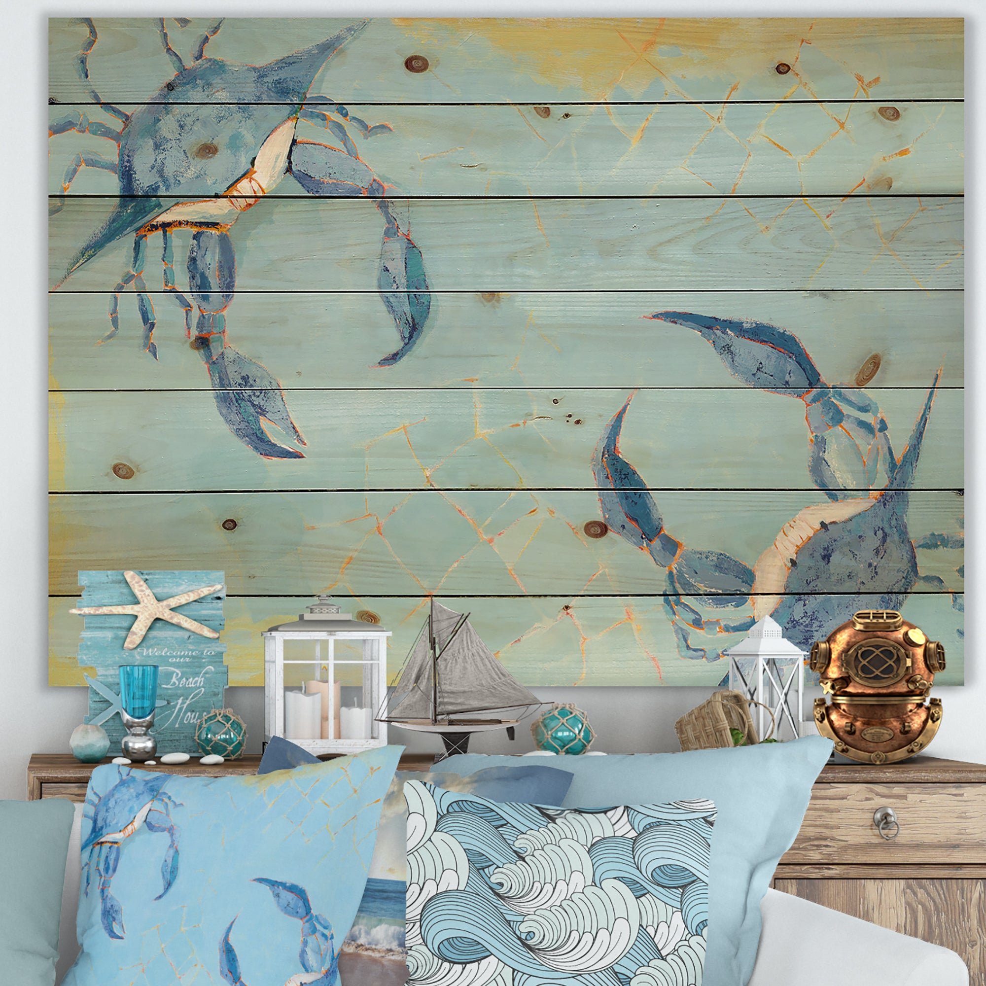 Blue Coastal crab Battle - Nautical & Coastal Print on Natural Pine Wood - 20x15