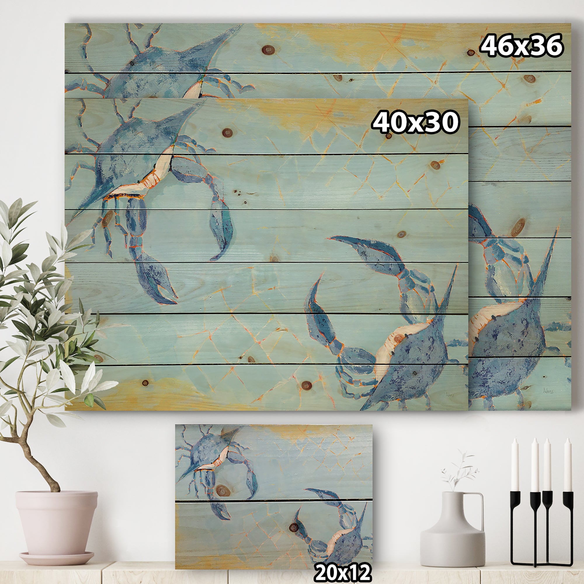 Blue Coastal crab Battle - Nautical & Coastal Print on Natural Pine Wood - 20x15