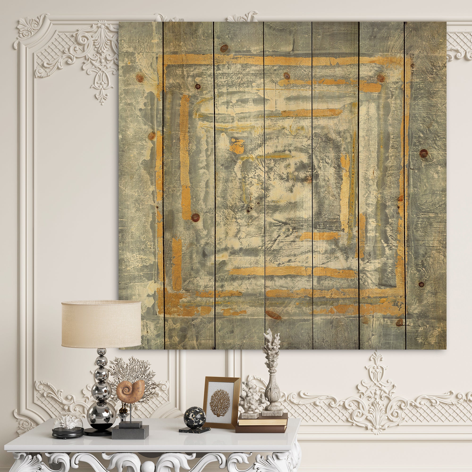 Gold Glam on Grey Tapestry II - Transitional Print on Natural Pine Wood - 16x16