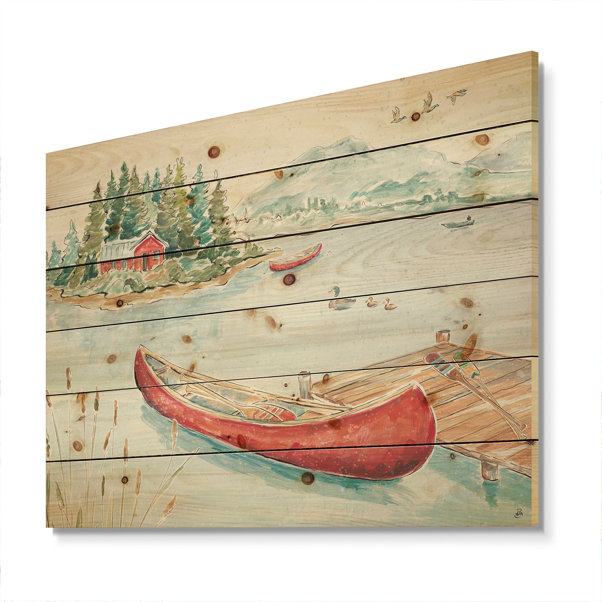 Lake House Canoes II - Lake House Print on Natural Pine Wood - 20x15