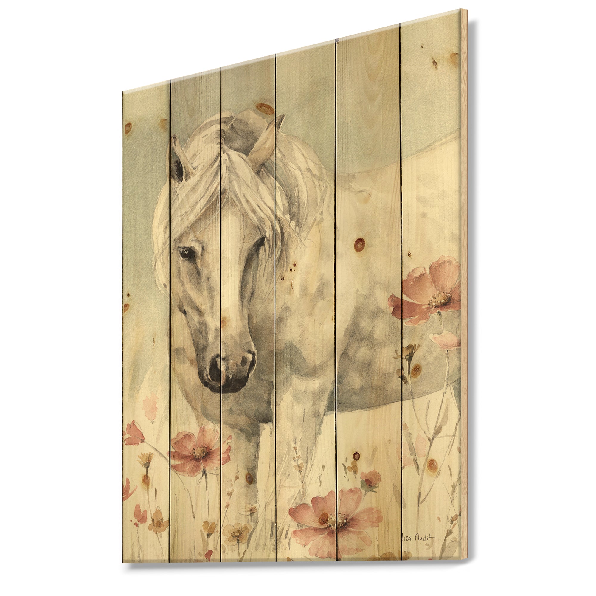 watercolors Pink Wild Horses I - Farmhouse Print on Natural Pine Wood - 15x20