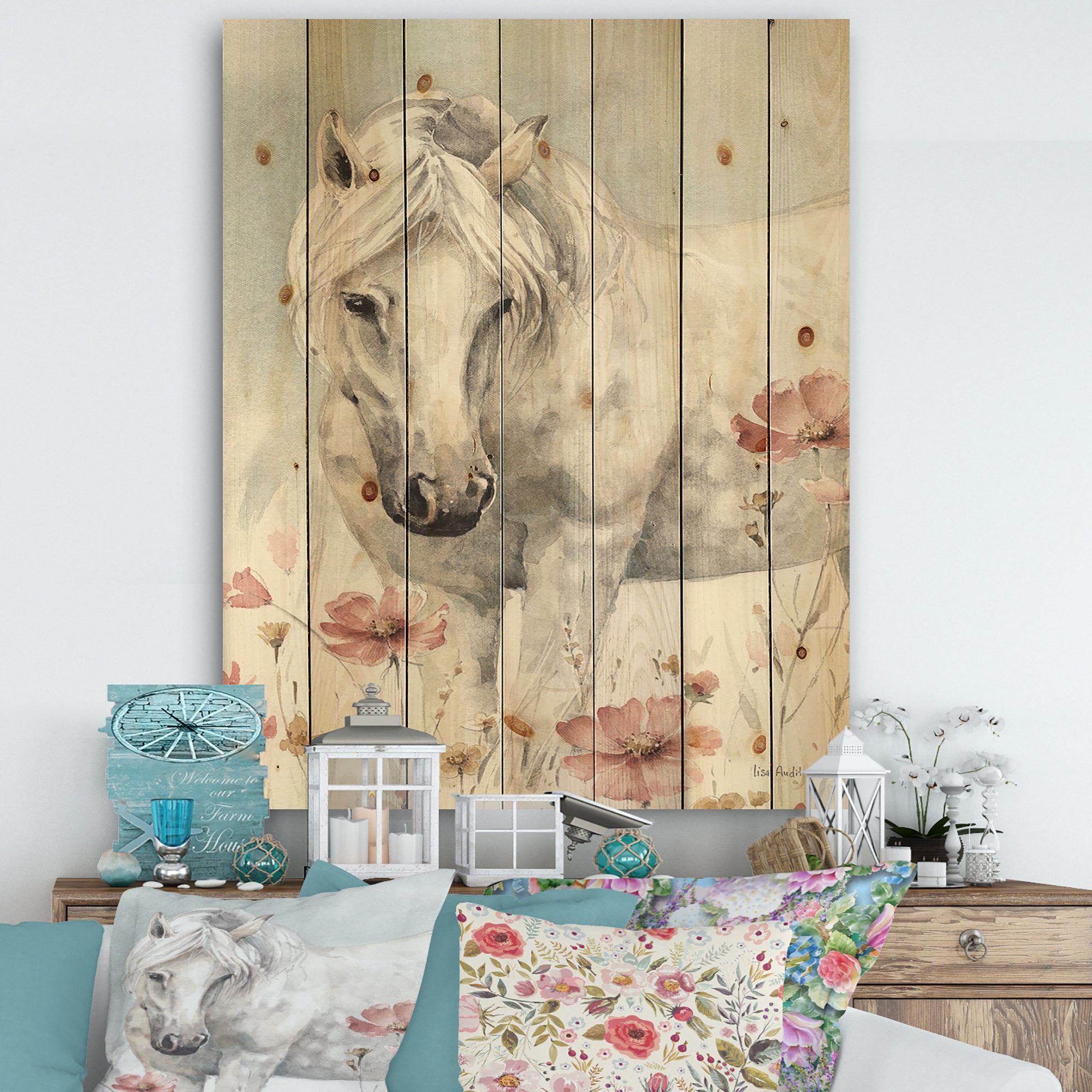 watercolors Pink Wild Horses I - Farmhouse Print on Natural Pine Wood - 15x20
