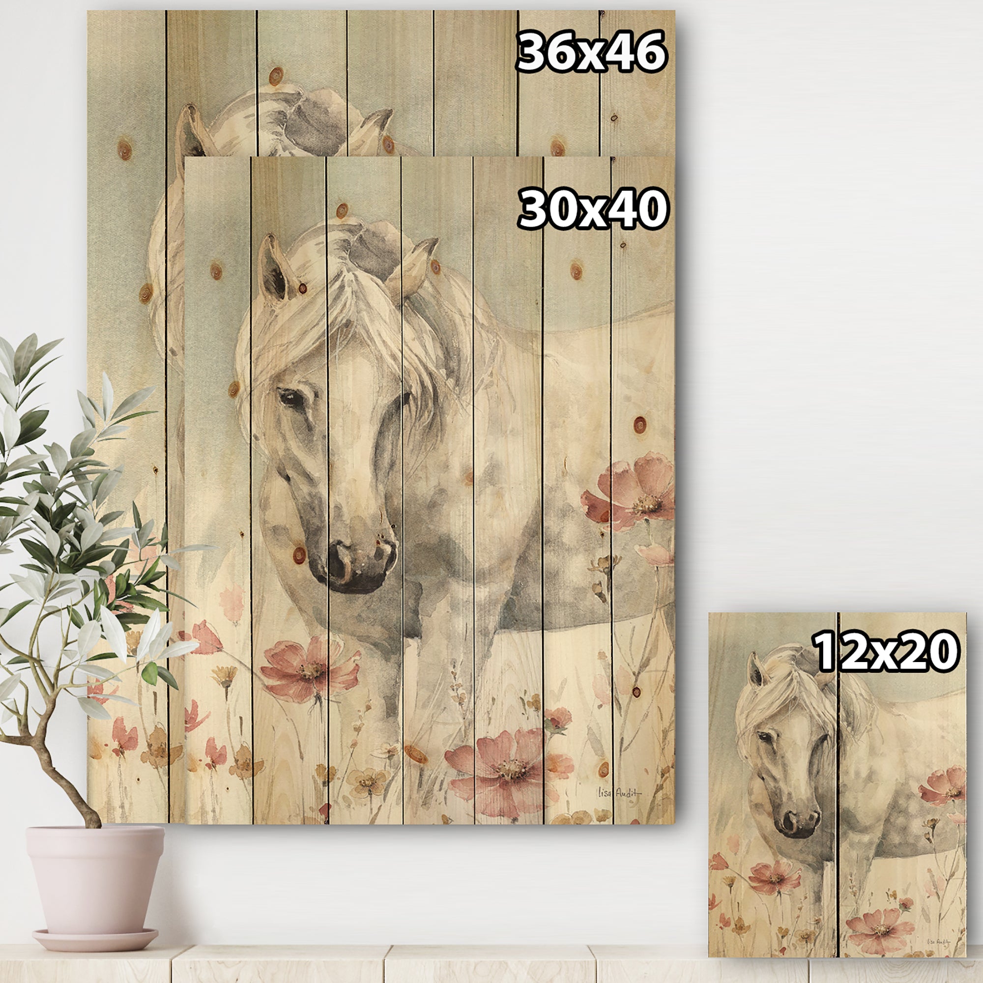 watercolors Pink Wild Horses I - Farmhouse Print on Natural Pine Wood - 15x20