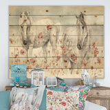 watercolors Pink Wild Horses  - Farmhouse Print on Natural Pine Wood - 20x15