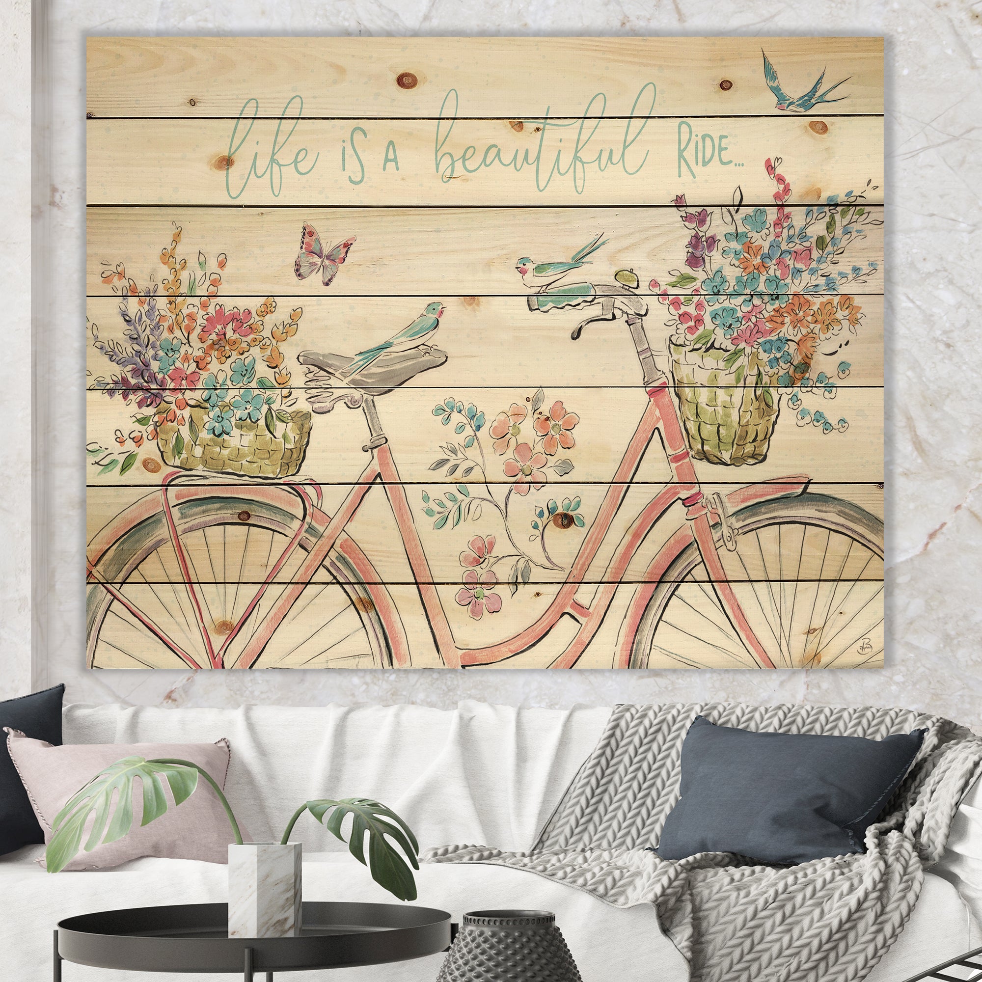 Spring Bike Bouquet - French Country Print on Natural Pine Wood - 20x15