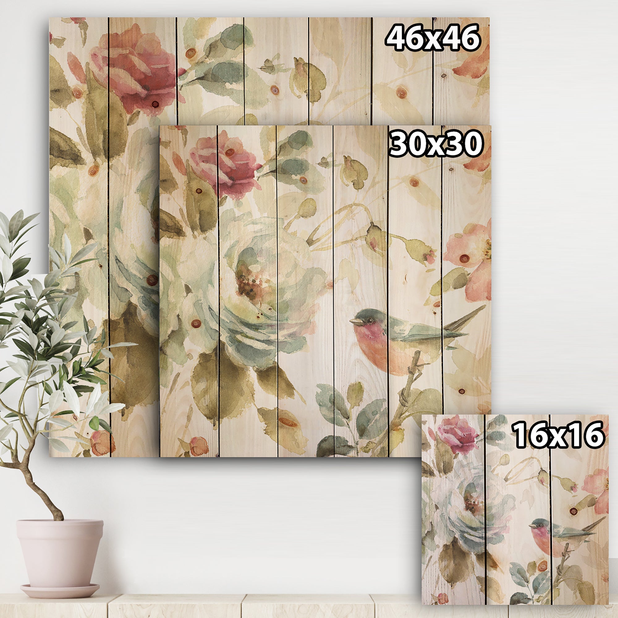 Beautiful Bird Romance I - Traditional Print on Natural Pine Wood - 16x16