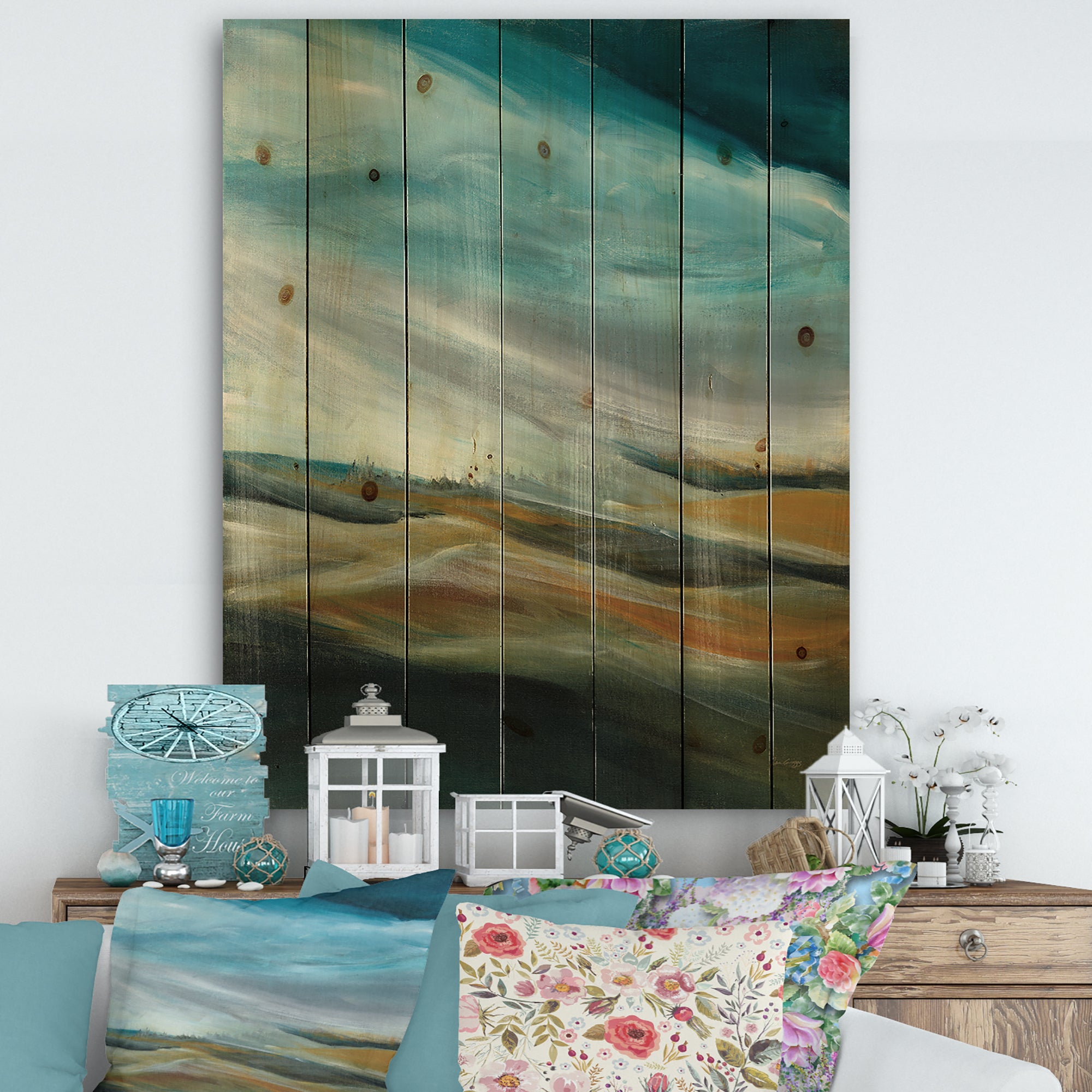 Watercolor Desert Storm Abstract Blue - Cottage Print on Natural Pine Wood - 15x20