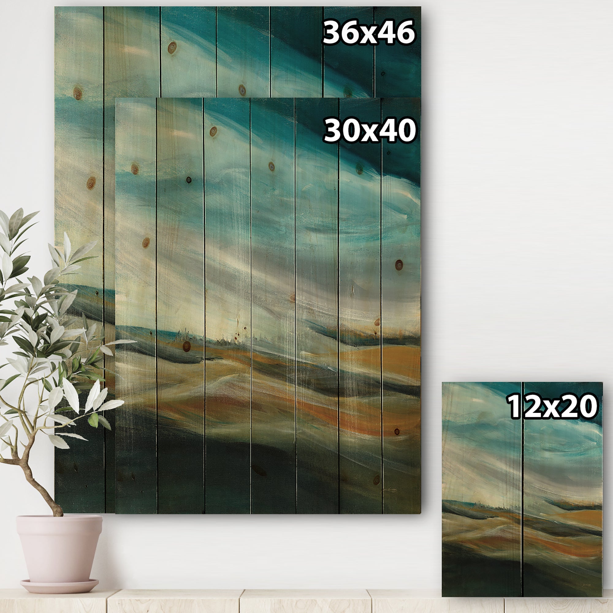 Watercolor Desert Storm Abstract Blue - Cottage Print on Natural Pine Wood - 15x20