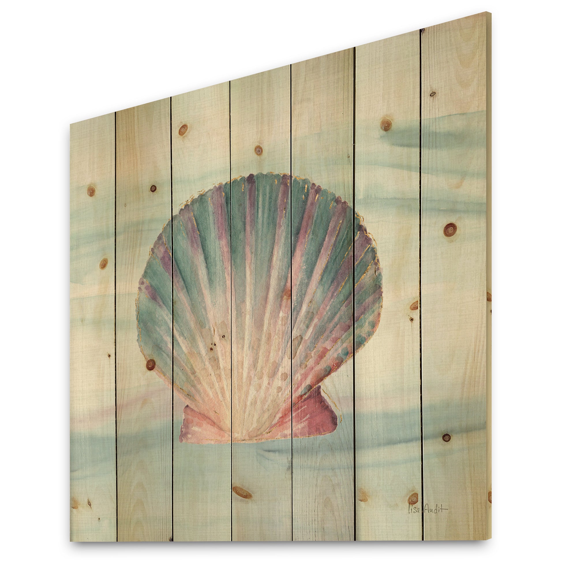 Ocean Shell on Blue  - Nautical & Coastal Print on Natural Pine Wood - 16x16