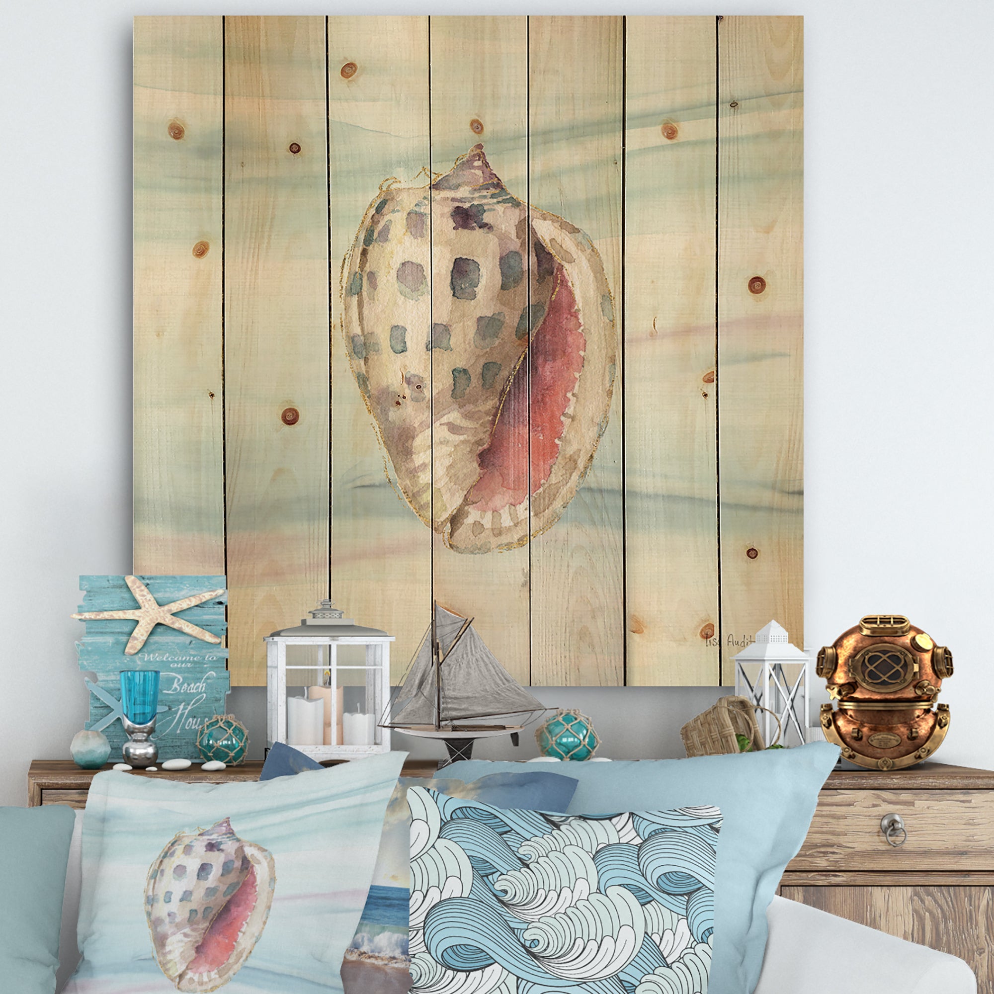 Gilded Sea Horn Shell on Blue - Nautical & Coastal Print on Natural Pine Wood - 16x16