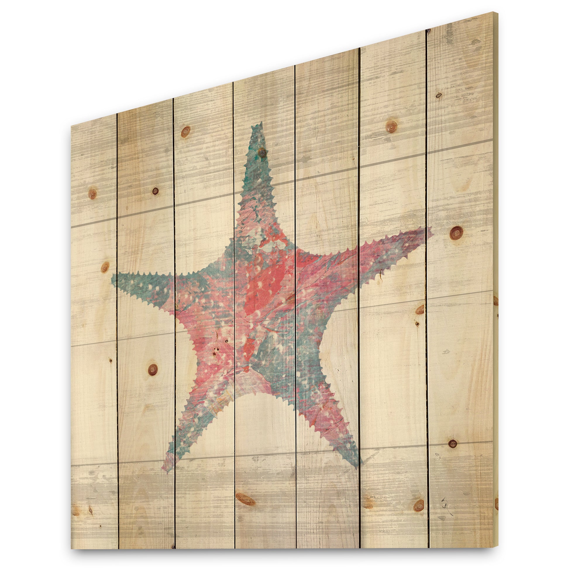Pink Starfish Ocean Life - Nautical & Coastal Print on Natural Pine Wood - 16x16