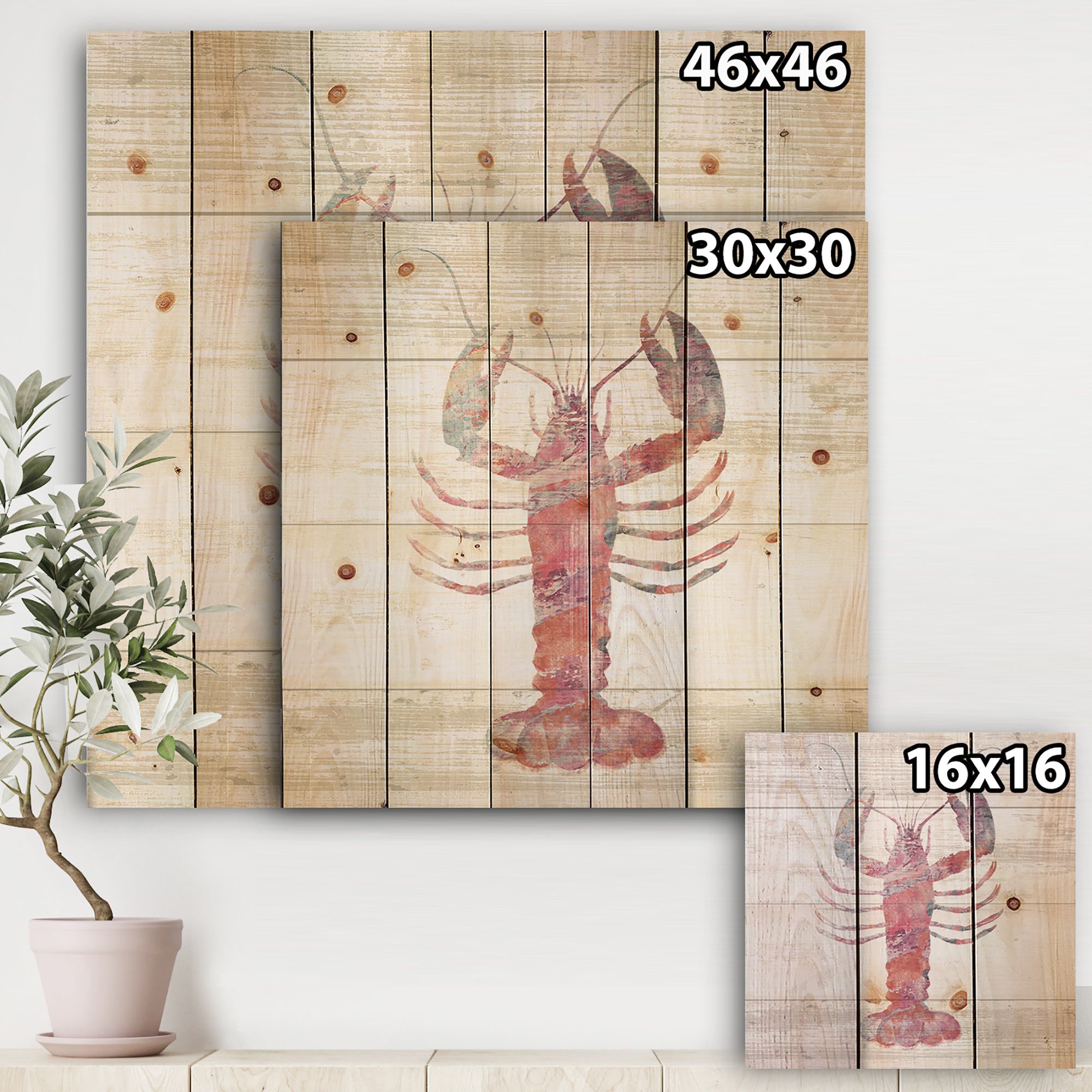 Pink lobster Ocean Life - Nautical & Coastal Print on Natural Pine Wood - 16x16
