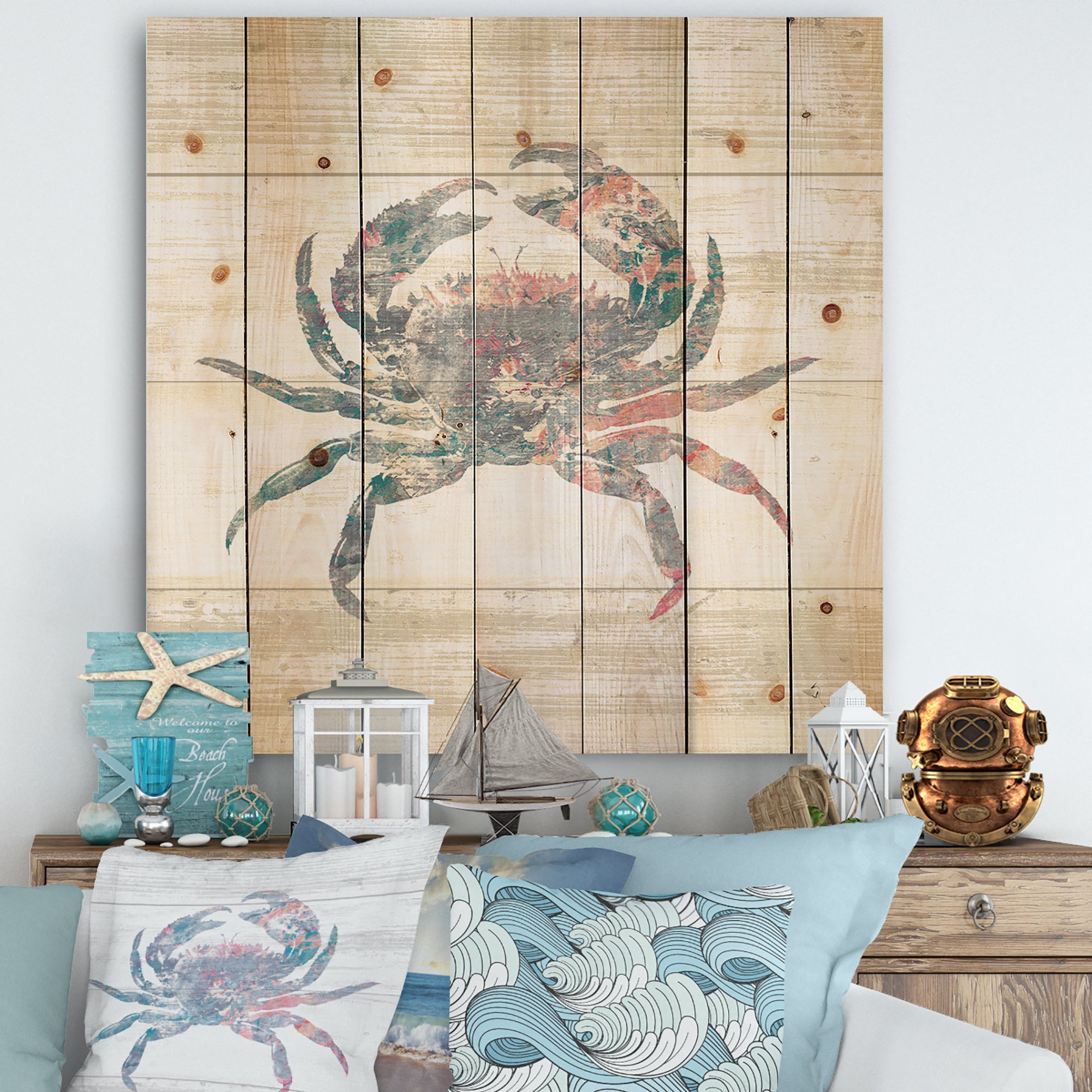 Pink Crab Ocean Life - Nautical & Coastal Print on Natural Pine Wood - 16x16